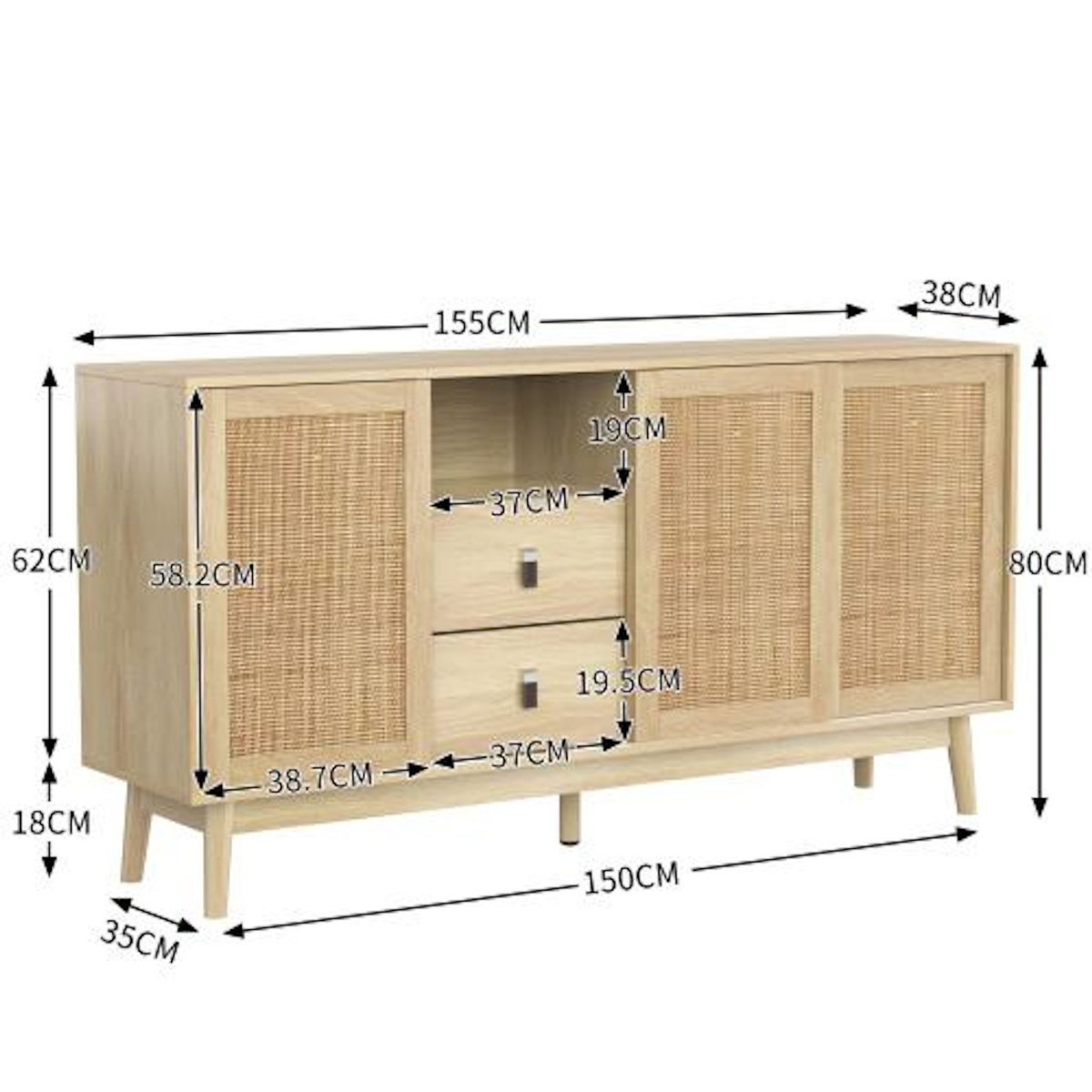 MERAX Buffet 3 porte(s) 2 tiroir(s) - 155 cm bois clair mdf
