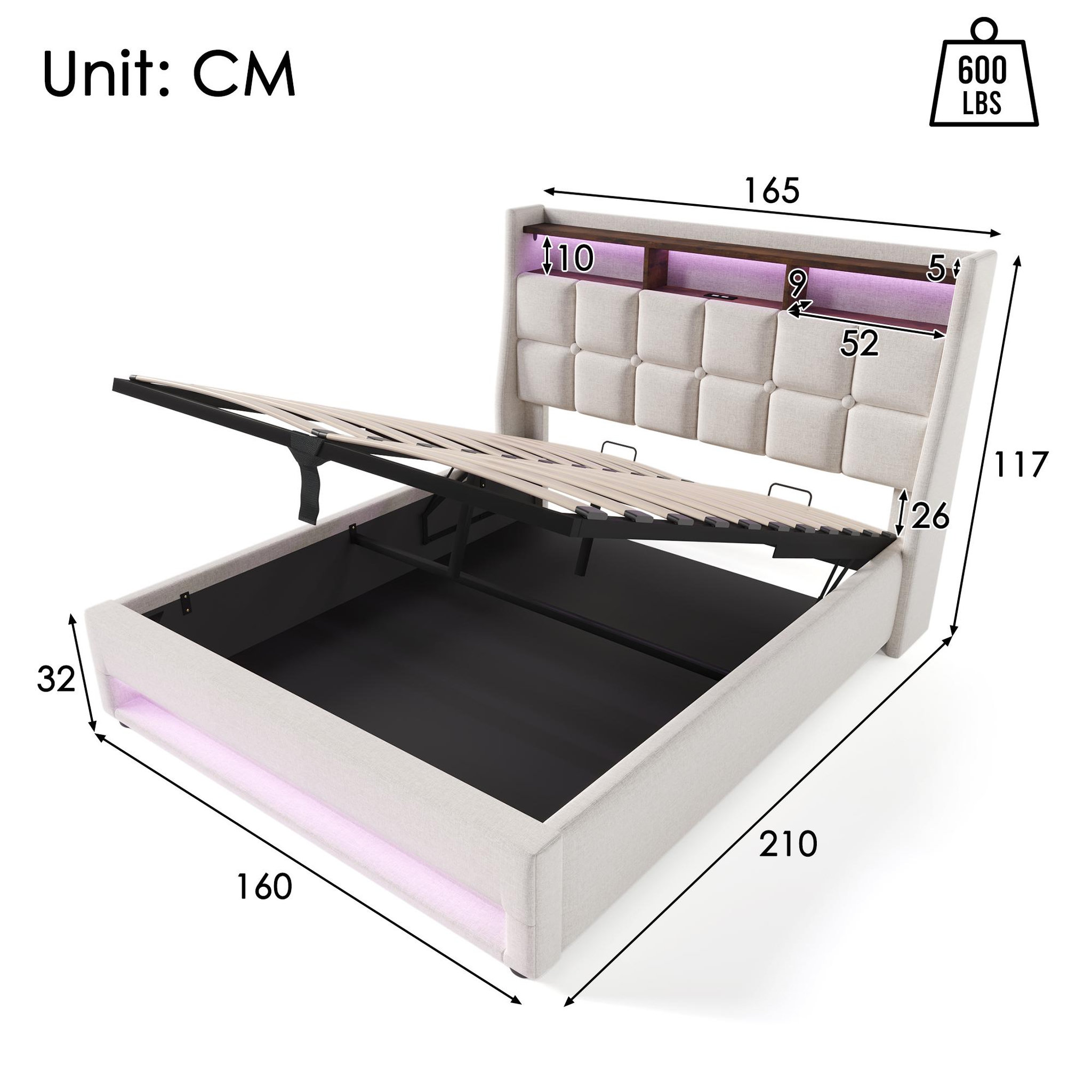 Voir la diapositive 4 : MERAX Lit coffre avec USB et LED Lin gris