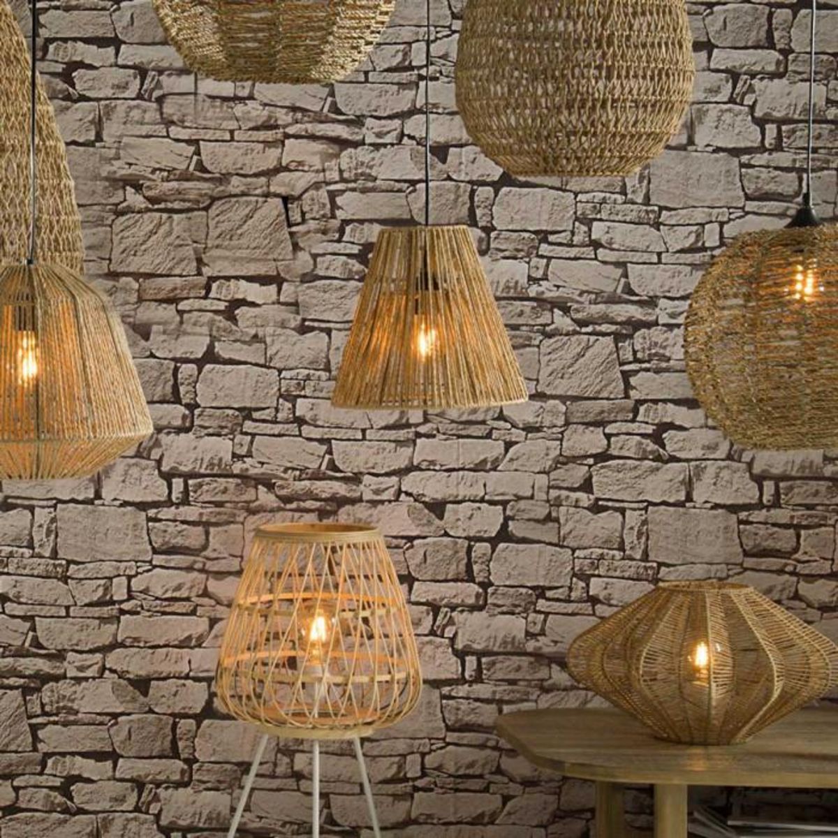 ATMOSPHERA Suspension luminaire cône effet corde Ethnik - H. 95 cm - Beige