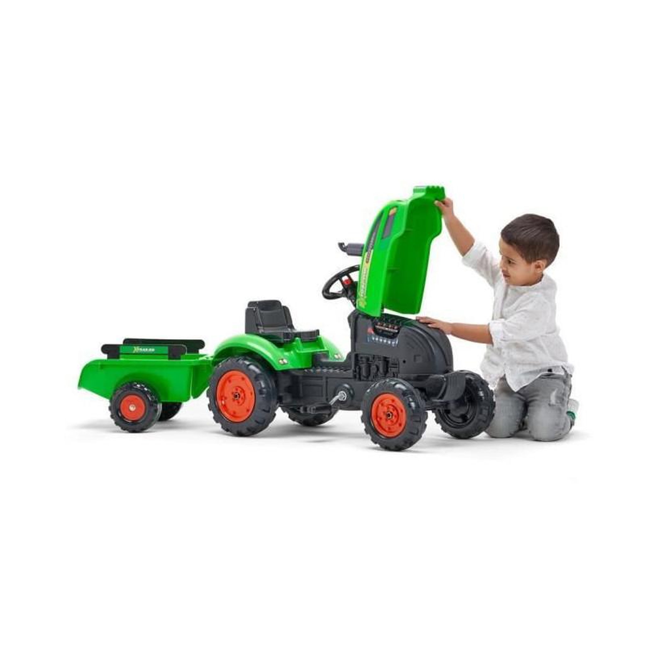 Voir la diapositive 3 : FALK FALK - Tracteur a pedales X Tractor vert avec capot ouvrant et remorque inclus