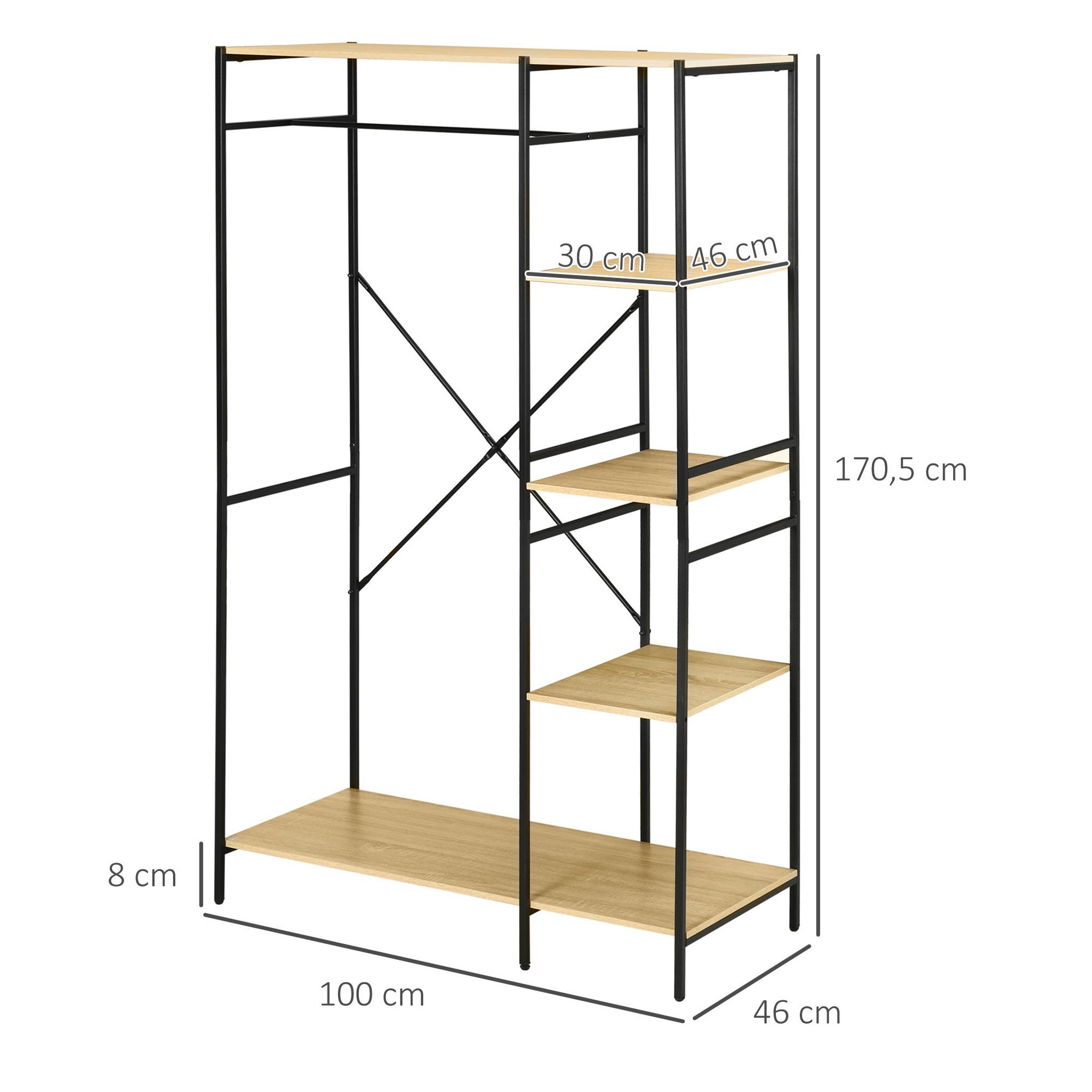 Voir la diapositive 3 : HOMCOM Penderie portant à vêtements style industriel en métal avec tringle et 4 étagères - dim. 100L x 46L x 170,5H cm - métal aspect chêne clair