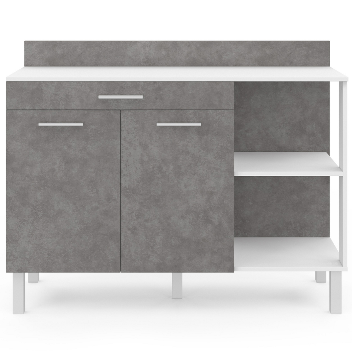 ID MARKET Buffet bas de cuisine 120 cm CINA plan de travail H.83 cm 2 portes + tiroir blanc et effet béton