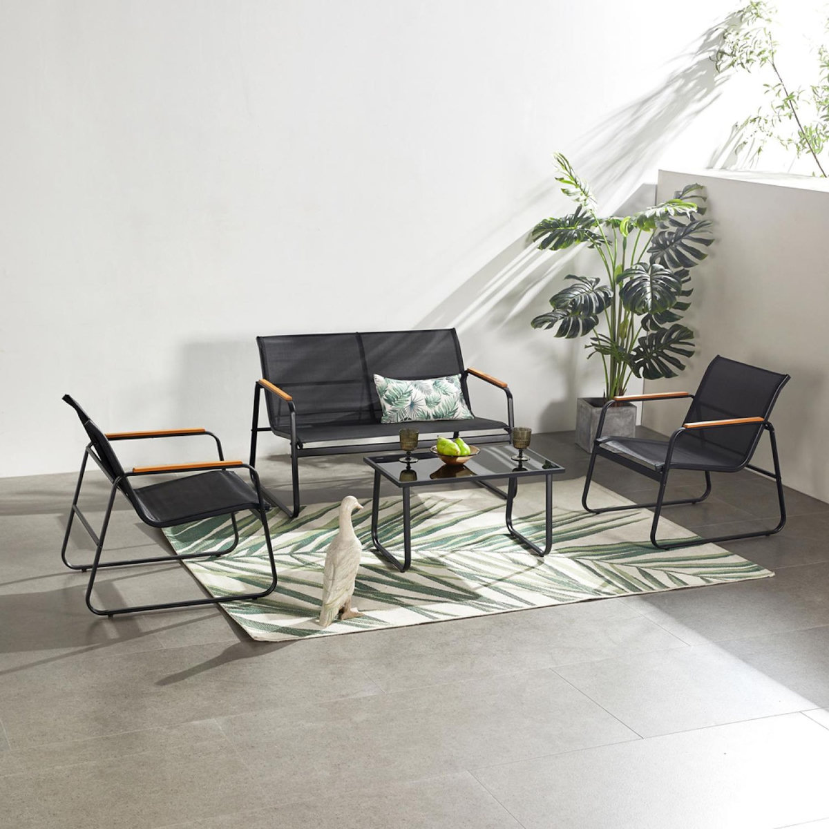 CONCEPT USINE Salon de jardin 4 places en toile de polyester noir AURORA