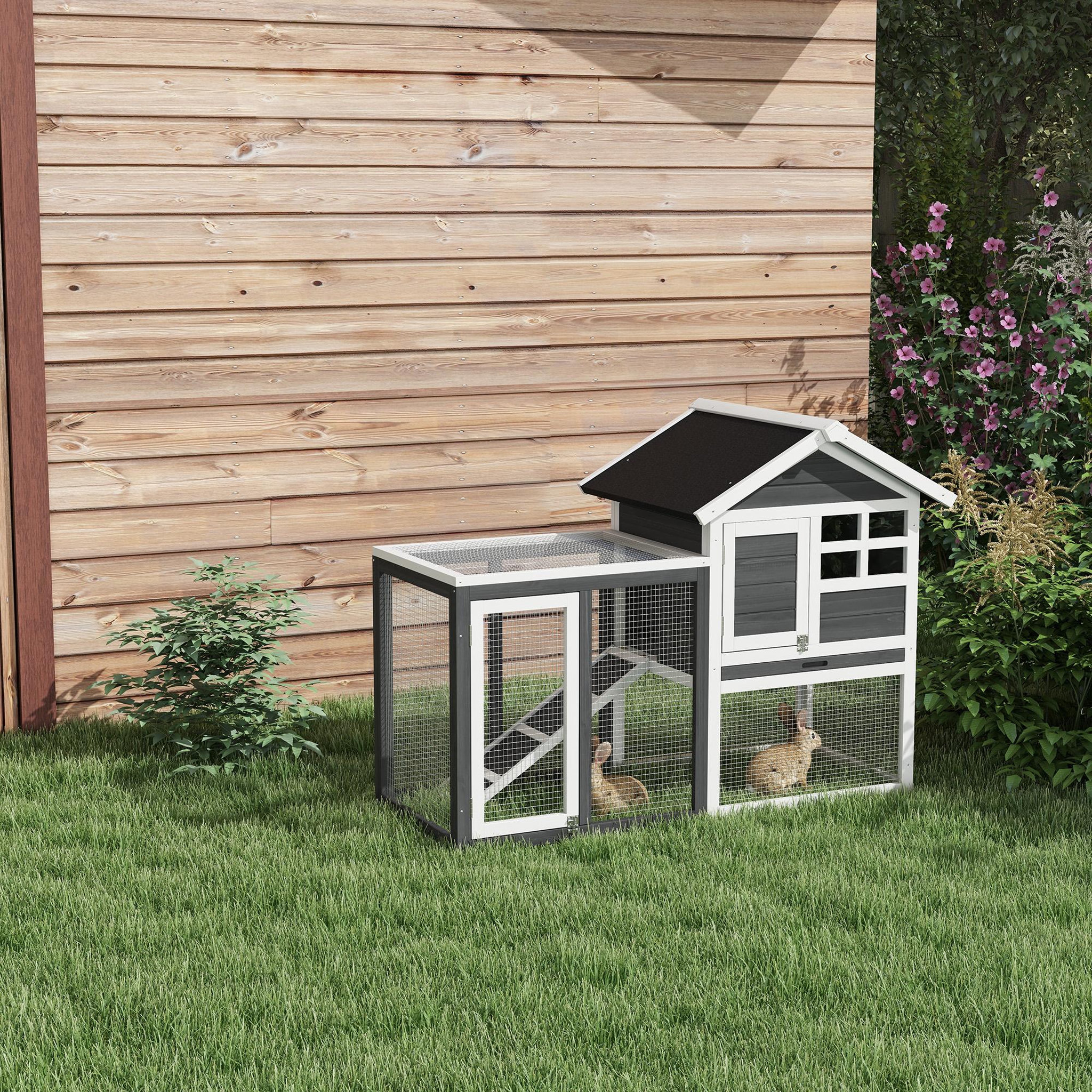 Voir la diapositive 2 : PAWHUT Clapier cage à lapins multi-équipé : niche supérieure avec rampe, plateau excrément, fenêtre + enclos  extérieur sécurisé 2 portes 122l x 63l x 92h cm gris