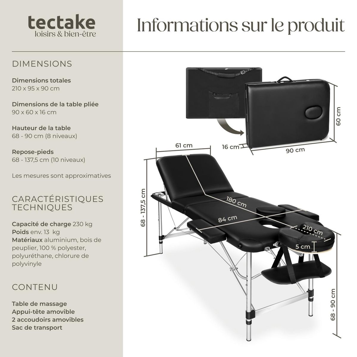 tectake Table de massage 3 zones largeur 61 cm et rembourrage 5 cm noir