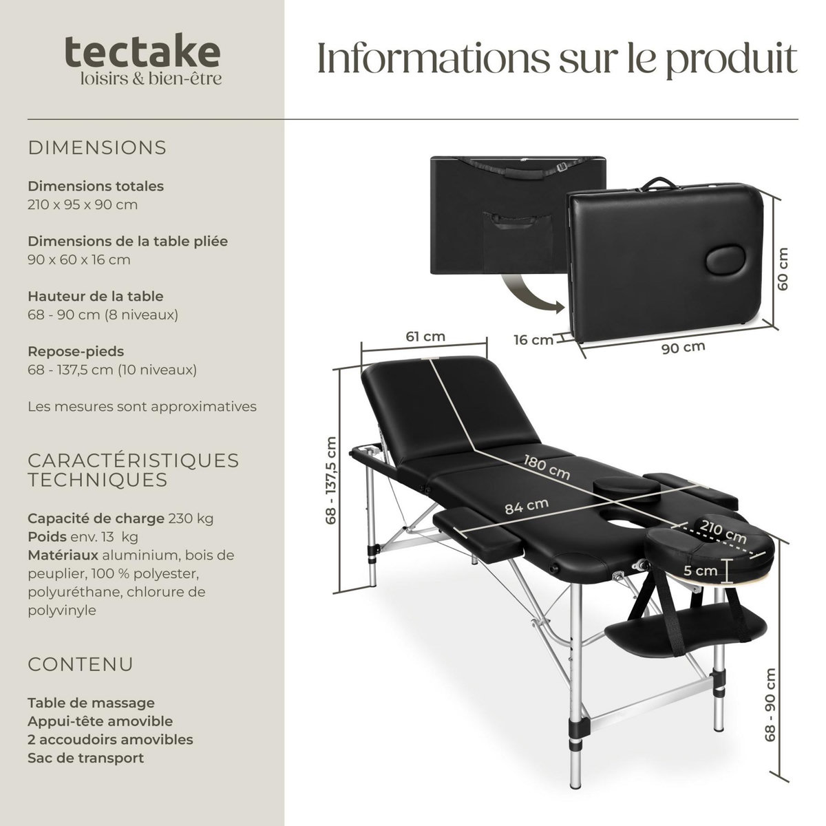 tectake Table de massage 3 zones largeur 61 cm et rembourrage 5 cm noir