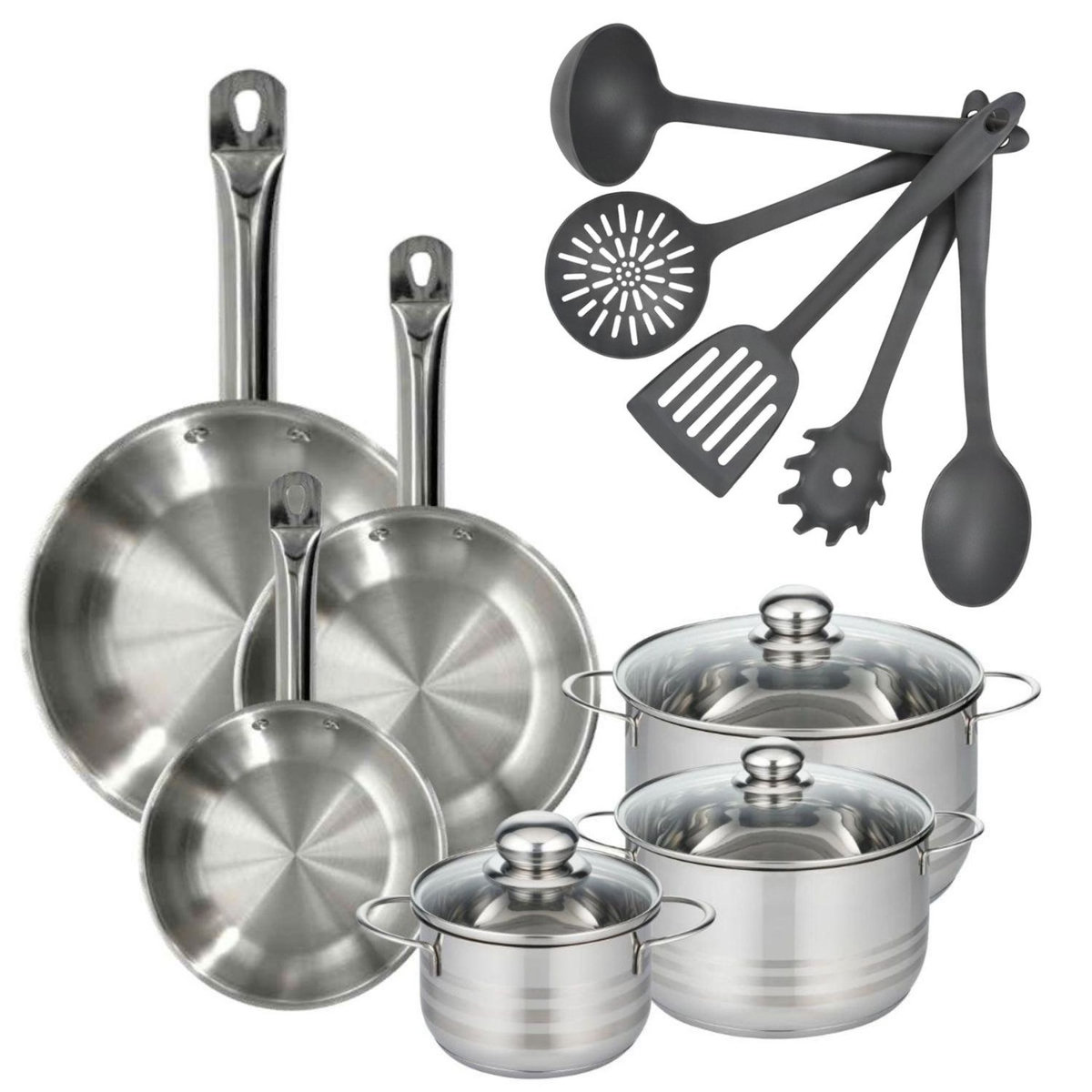 Fackelmann Set 3 poêles 20, 24 et 28 cm en inox, 3 faitouts inox 16, 20 et 24 cm et 5 ustensiles Fackelmann Eterna