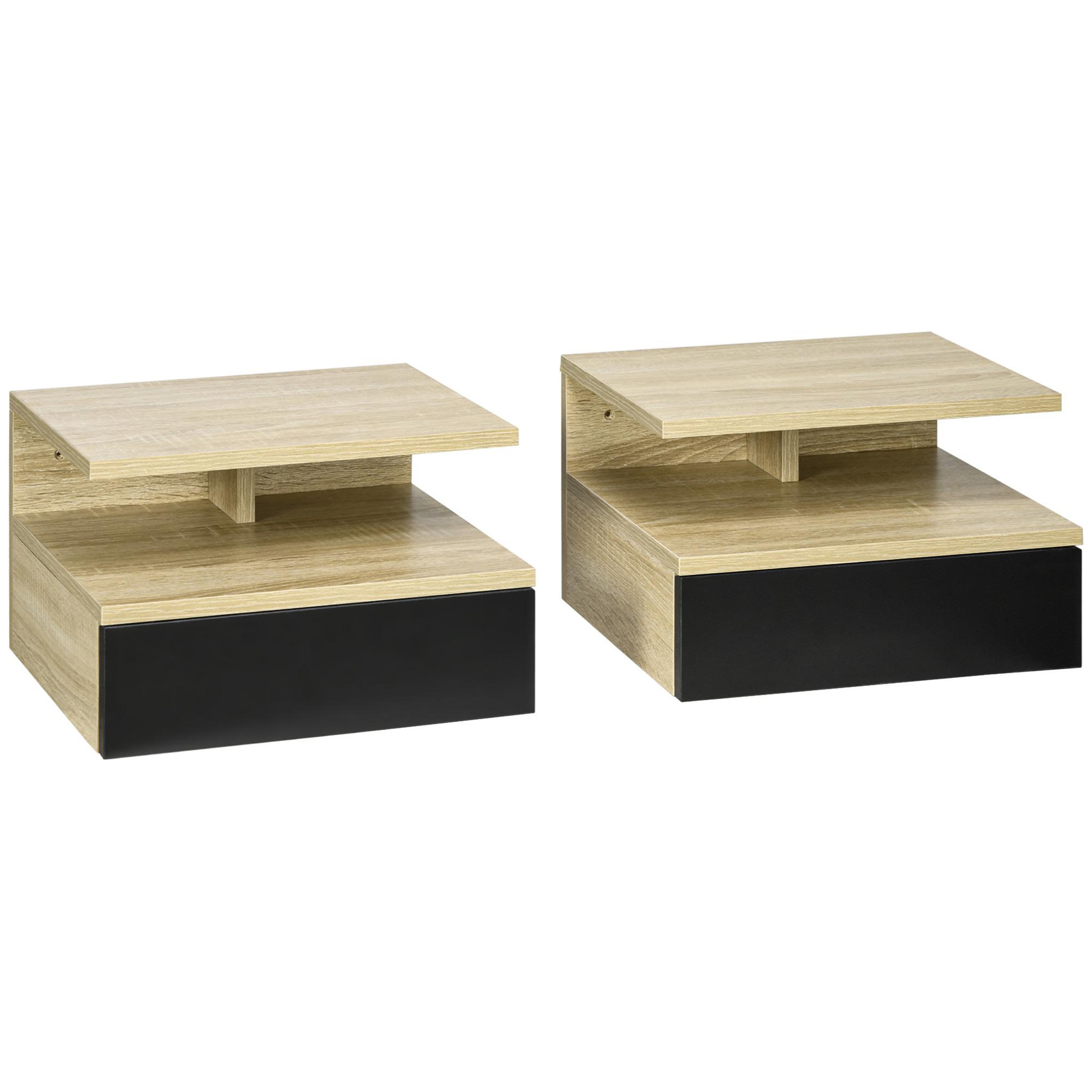Voir la diapositive 1 : HOMCOM Lot de 2 tables de chevet murales - lot de 2 tables de nuit - tiroir coulissant, niche et plateau - aspect chêne clair noir