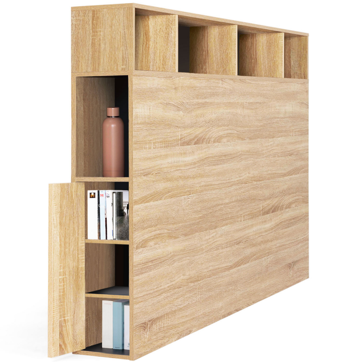 ID MARKET Tête de lit sur pied CLEO 165 cm avec rangements fermés et niches façon hêtre et noir