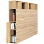 Voir la diapositive 4 : ID MARKET Tête de lit sur pied CLEO 165 cm avec rangements fermés et niches façon hêtre et noir