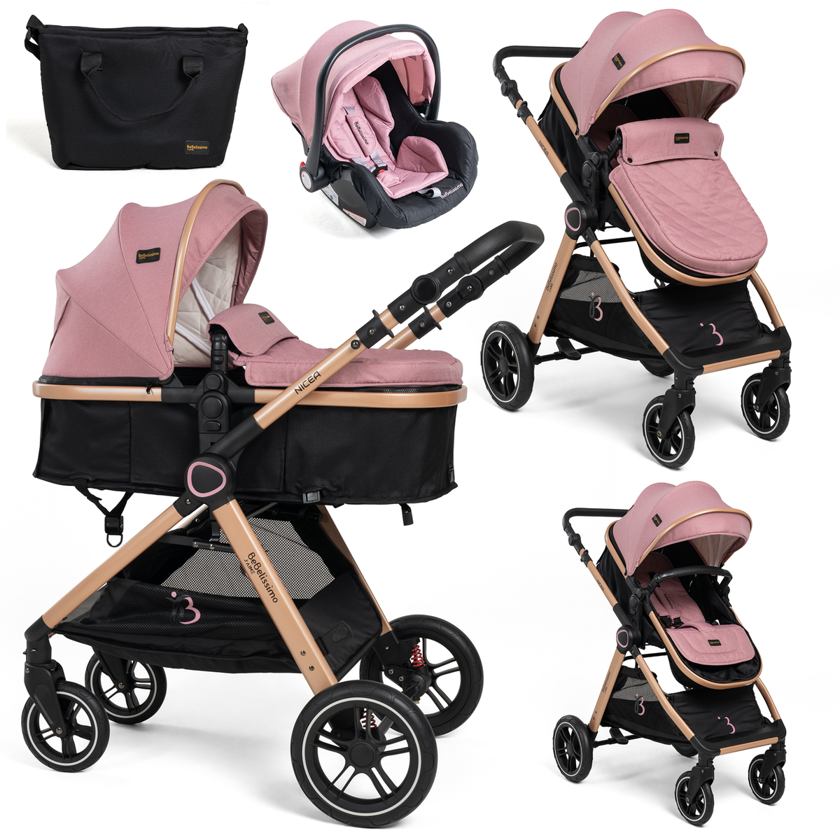 BEBELISSIMO BEBELISSIMO - Poussette combinée trio 3 en 1 - siège auto 0m – nacelle – dès la naissance – jusqu'à 22kg – Nicea - rose