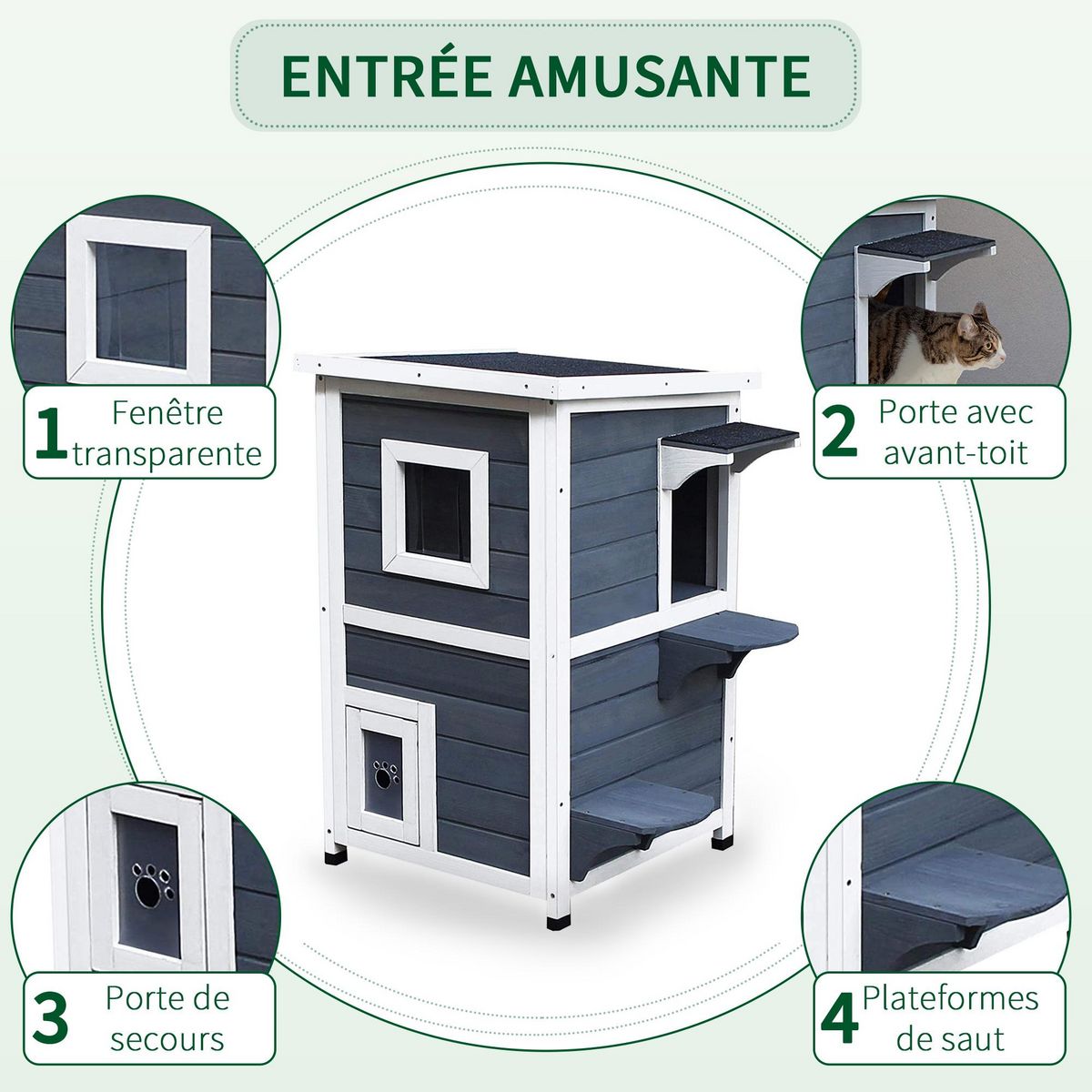 PAWHUT Maisonnette pour chat sur pied 2 niveaux - toit ouvrant bitumé - bois sapin pré-huilé peint gris blanc