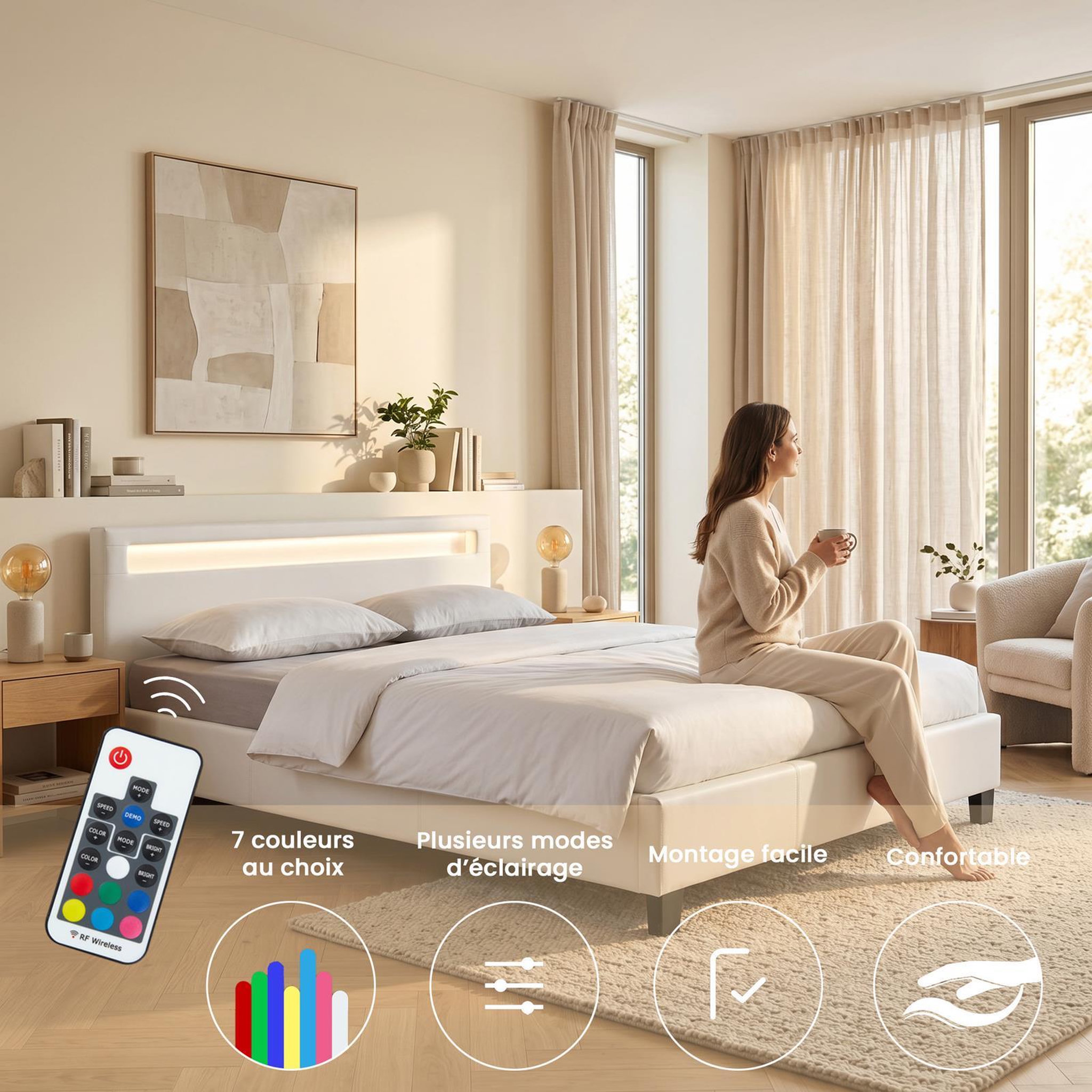 Voir la diapositive 3 : IDIMEX Lit LED double PINOT 140x190 cm, avec sommier, revêtement synthétique