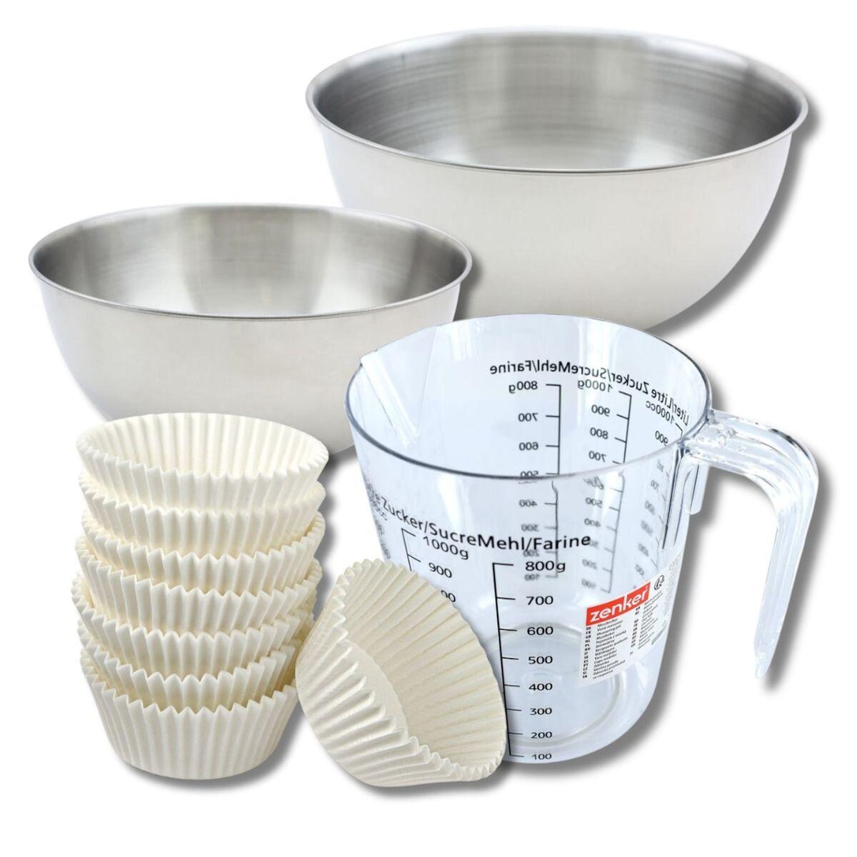 ZENKER Set pâtisserie avec 100 moules à muffins en papier, 2 bols à mixer, verre mesureur et spatule Zenker