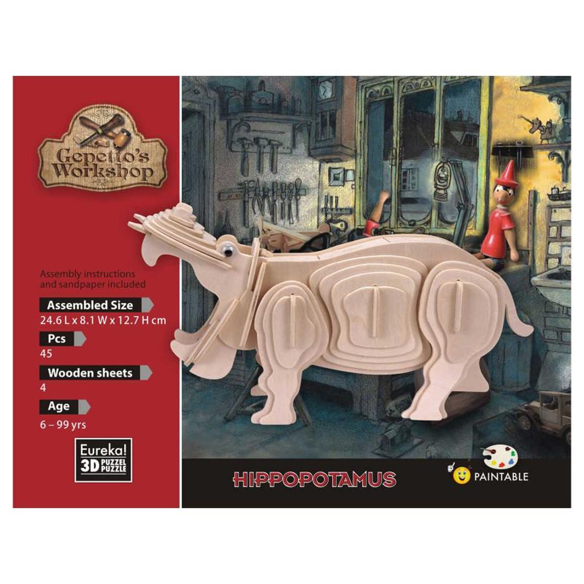 Voir la diapositive 2 : Eureka Toys Eureka - Gepetto's Jeux de construction en bois Kit 3D - hippopotame 52473175