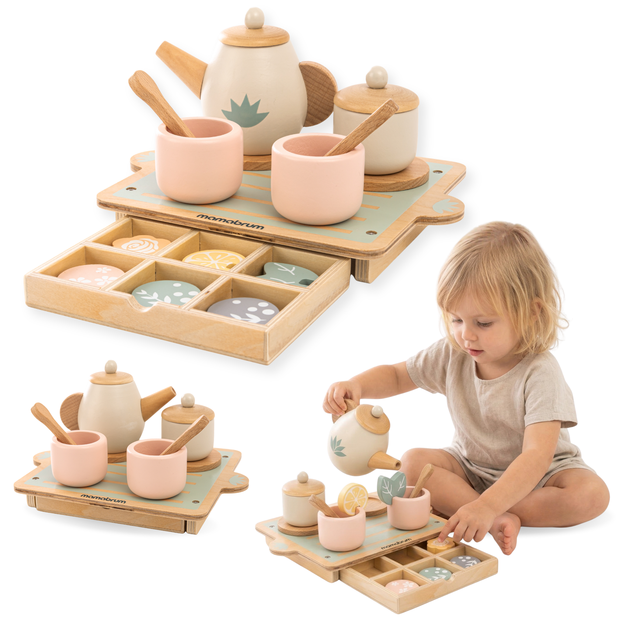 MAMABRUM Dinette 18 Pcs Service a The Bois Enfant Mamabrum Plateau Tiroir 22x16 cm 3 Ans