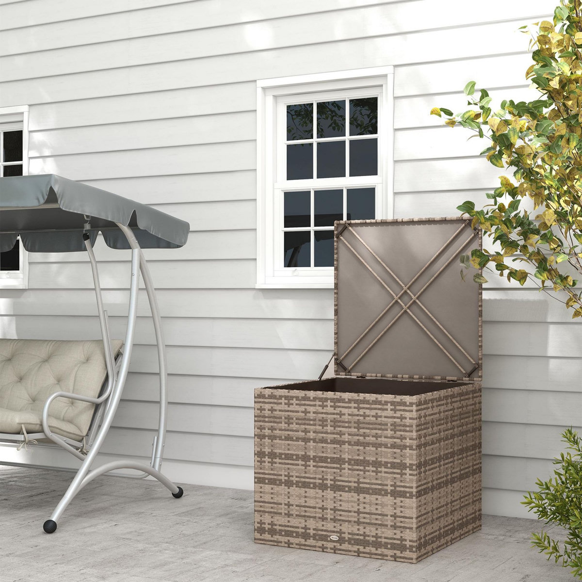 OUTSUNNY Coffre de jardin dim. 75L x 75l x 70H cm vérin pneumatique doublure intérieure résine tressée aspect rotin taupe