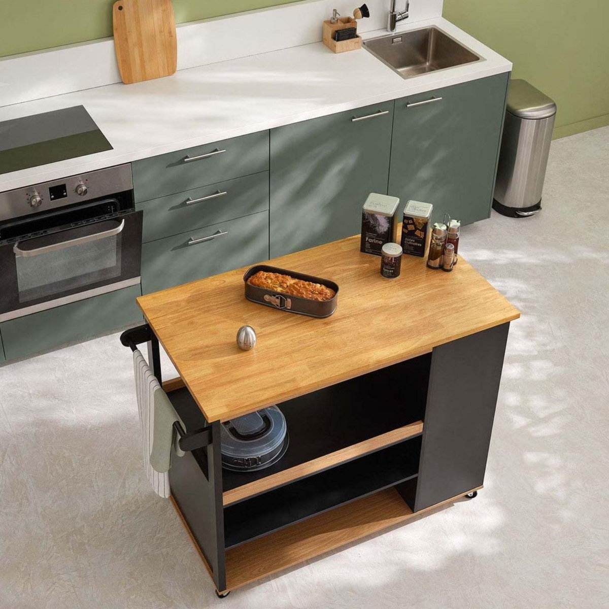 FIVE Ilot de cuisine à roulettes - Noir et beige