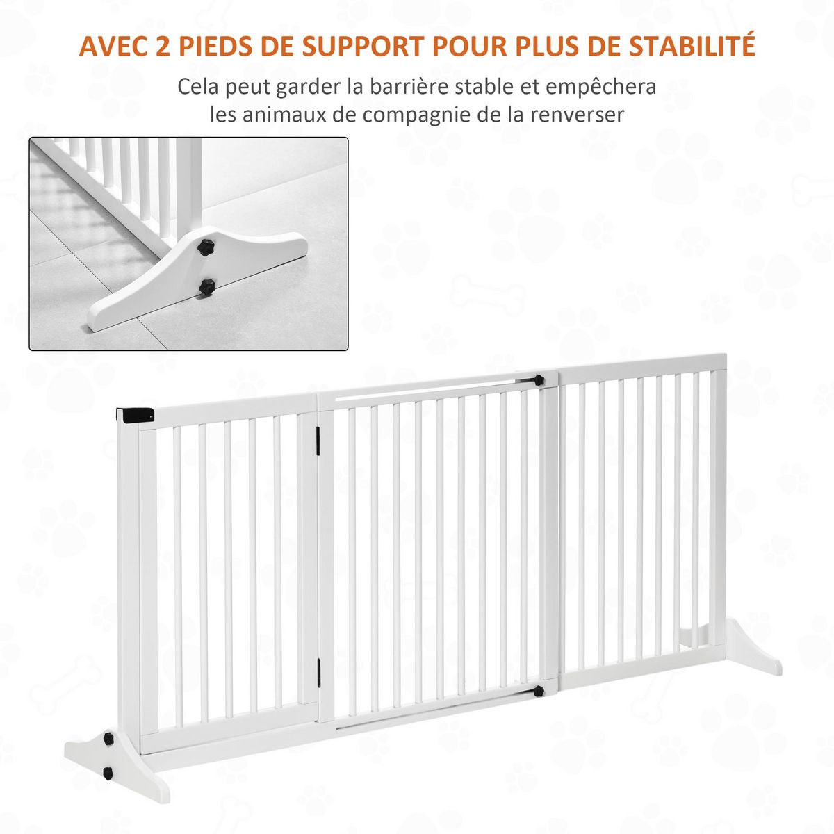 PAWHUT Barrière de sécurité chien barrière autoportante longueur réglable porte verrouillable intégrée dim. 113-166L x 36l x 71H cm sapin blanc