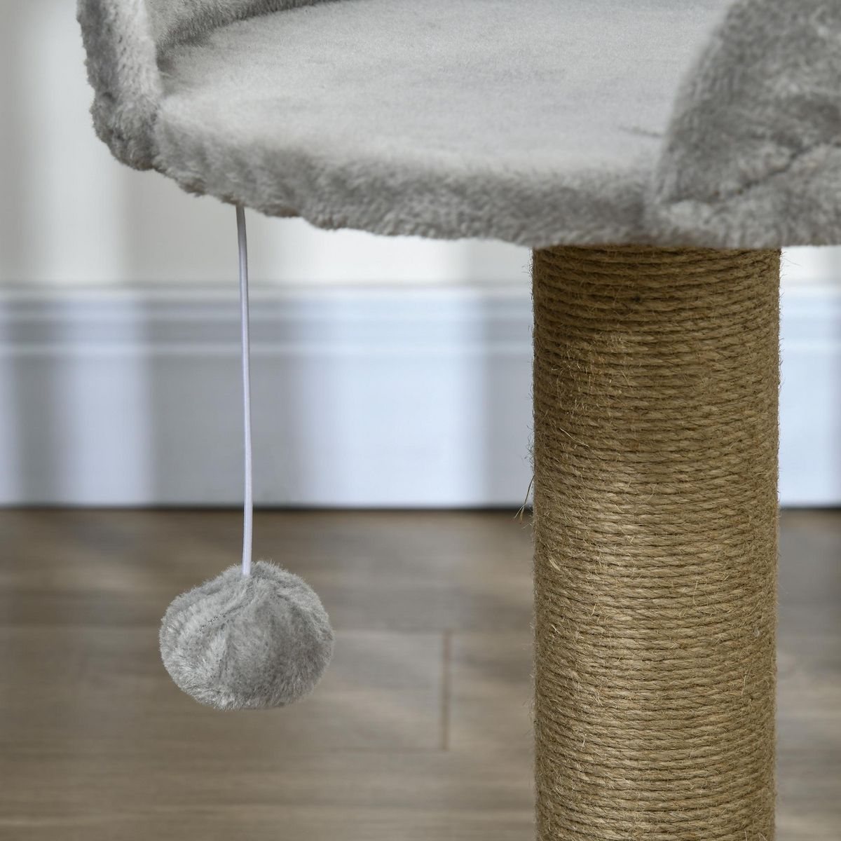 PAWHUT Arbre à chat griffoir 2 niveaux H. 49 cm - poteau sisal, plateforme observation, jeu de boule suspendue - jute polyester gris