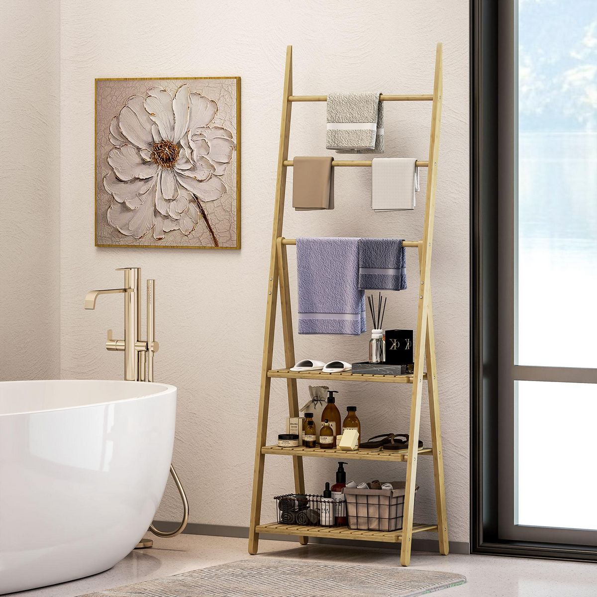 HOMCOM Porte-serviettes pliable style cosy bambou verni 3 barres 3 étagères H.153cm