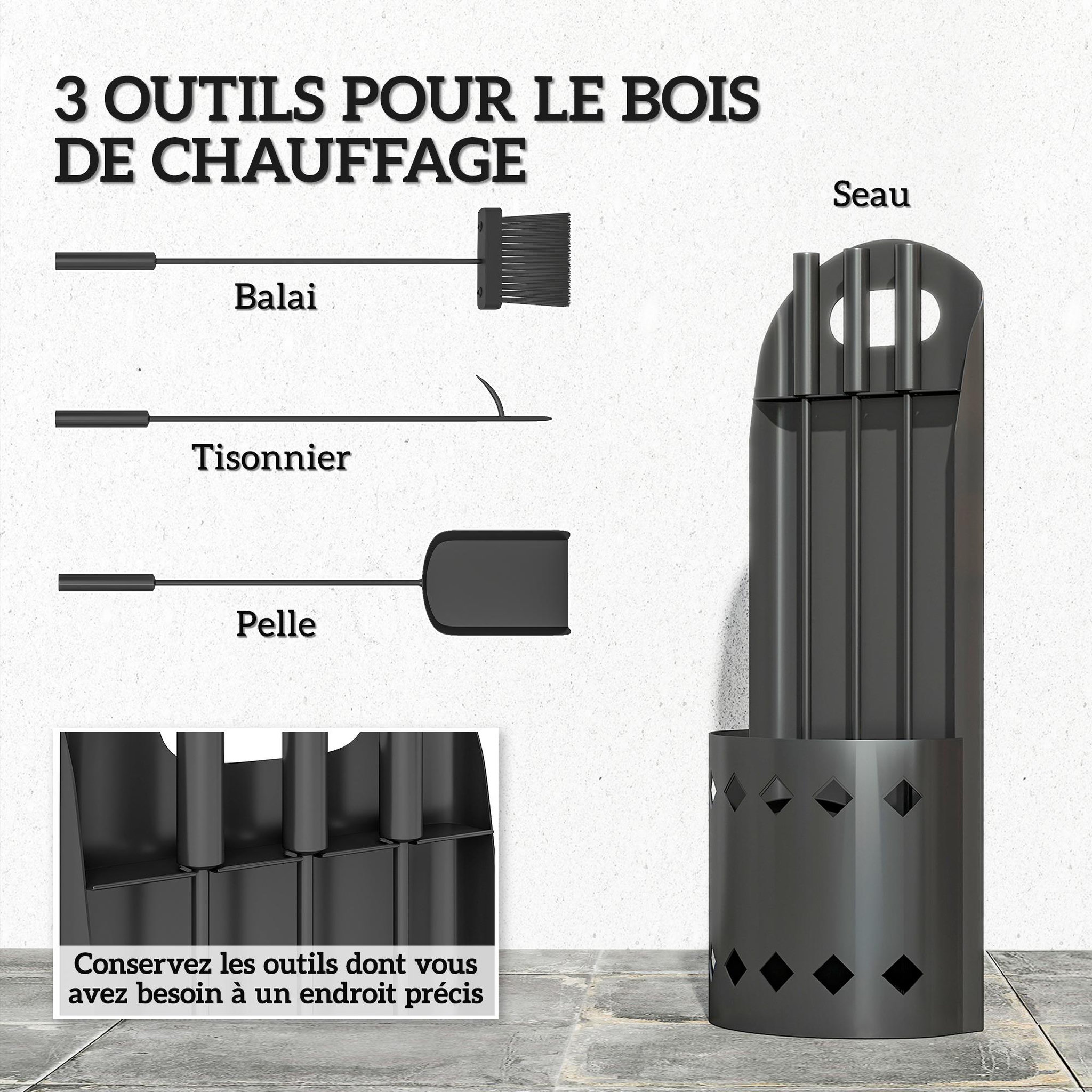 Voir la diapositive 6 : OUTSUNNY Ensemble serviteur de cheminée 4 pièces en métal - brosse, pelle, tisonnier - panier avec poignée inclus noir