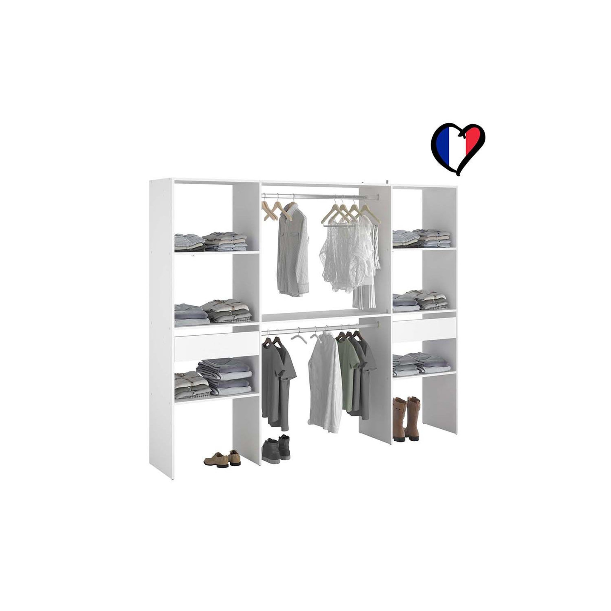 Voir la diapositive 4 : CONCEPT USINE Grand dressing blanc avec 2 penderies 6 étagères et 2 tiroirs elysee