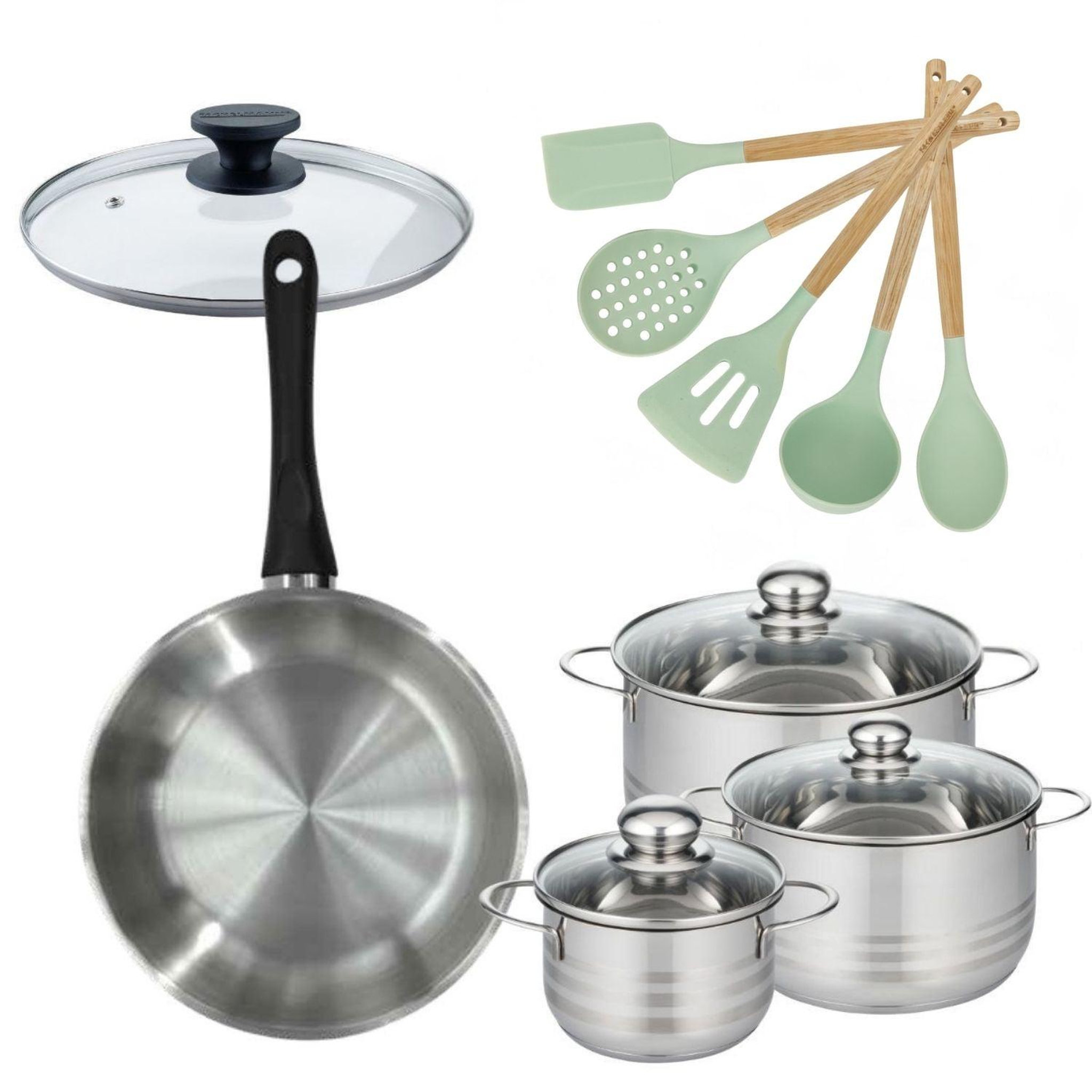 Fackelmann Batterie de cuisine avec 3 faitouts 16/20/24 cm et 1 poêle 28 cm avec 6 ustensiles de cuisine fackelmann généva brillant ocean avec couvercles