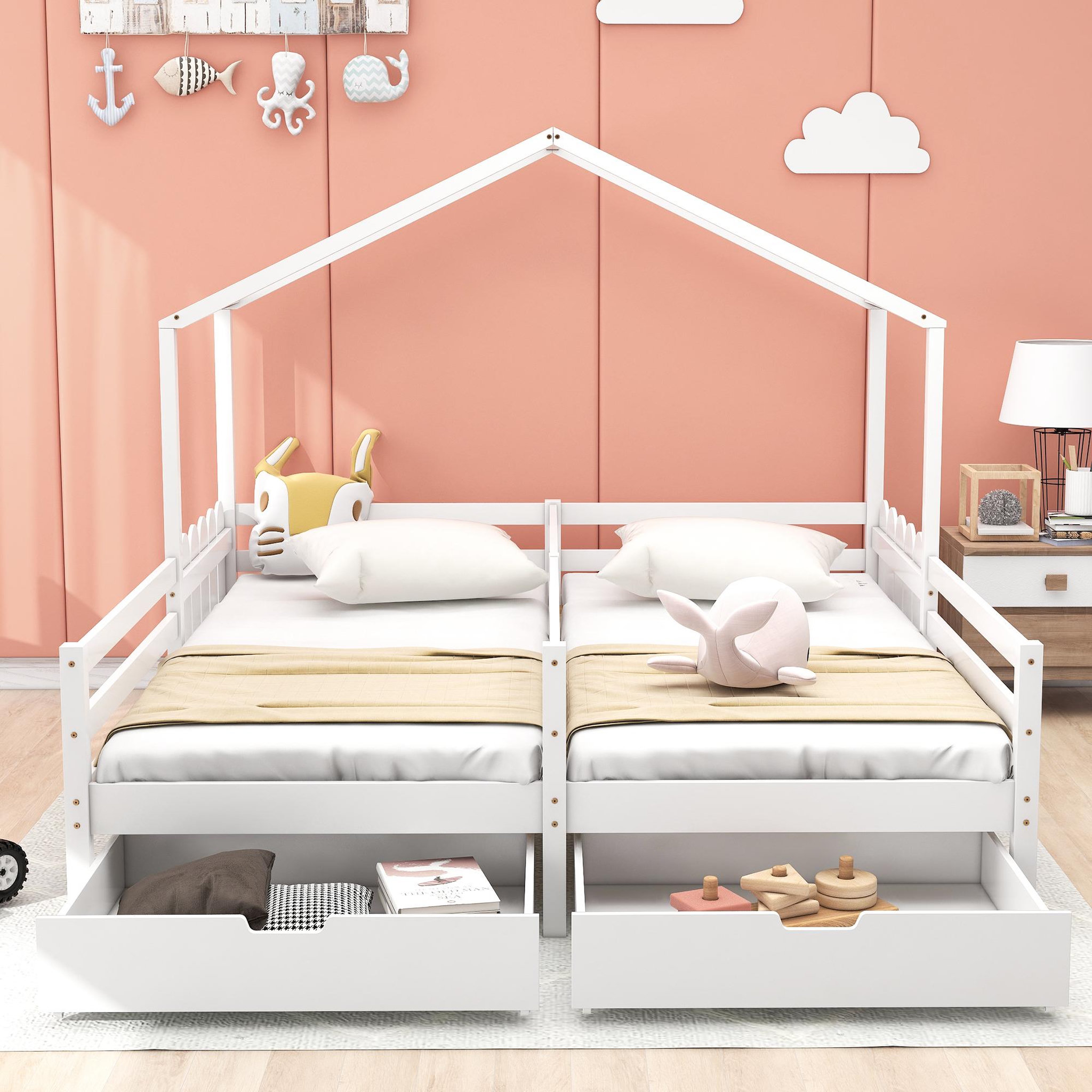 Voir la diapositive 4 : MERAX Lit cabane enfant 90x200cm pin coloris blanc