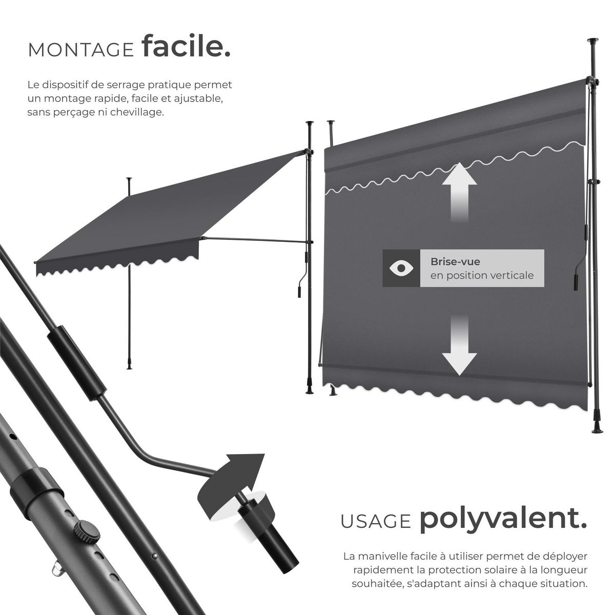 tectake Store à pince sans perçage avec manivelle noir/gris 300 x 180 cm