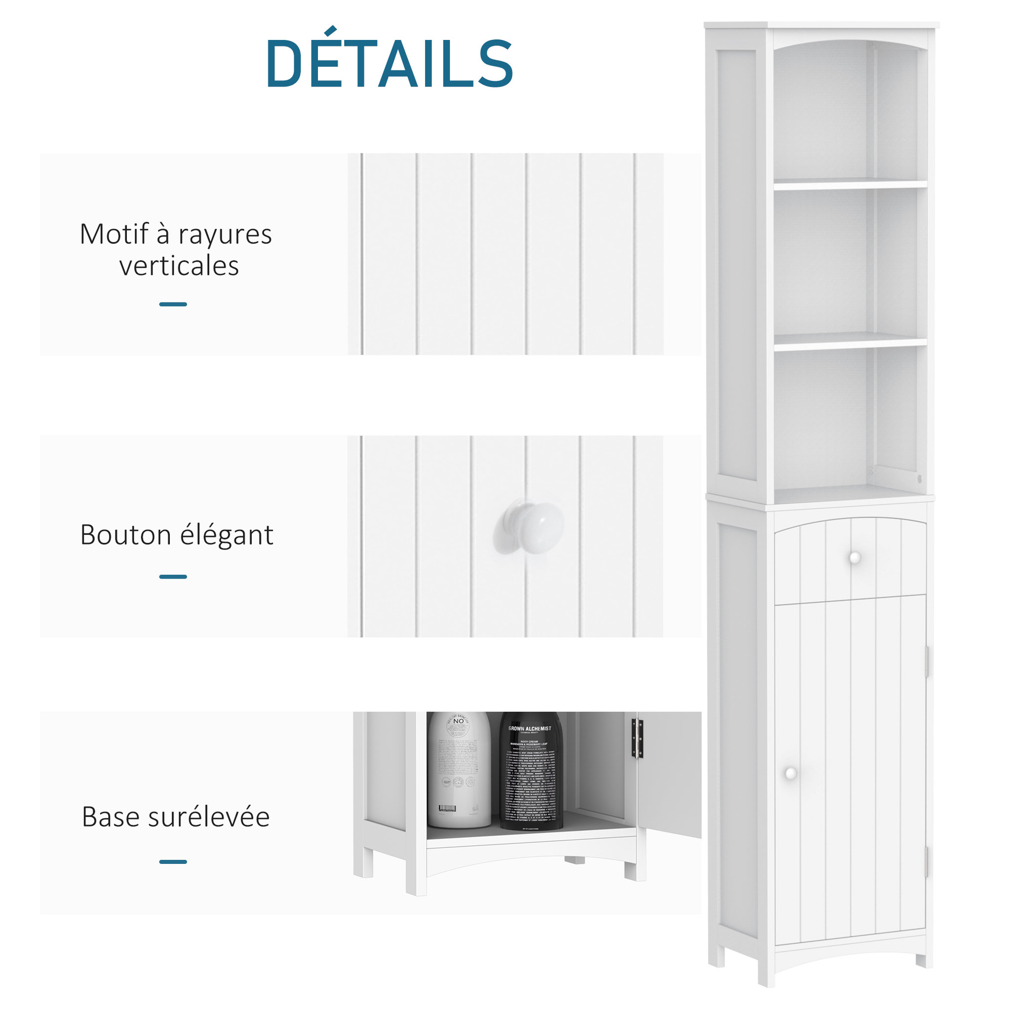 Voir la diapositive 6 : HOMCOM Meuble colonne de salle de bain moderne 34L x 24l x 170H cm blanc
