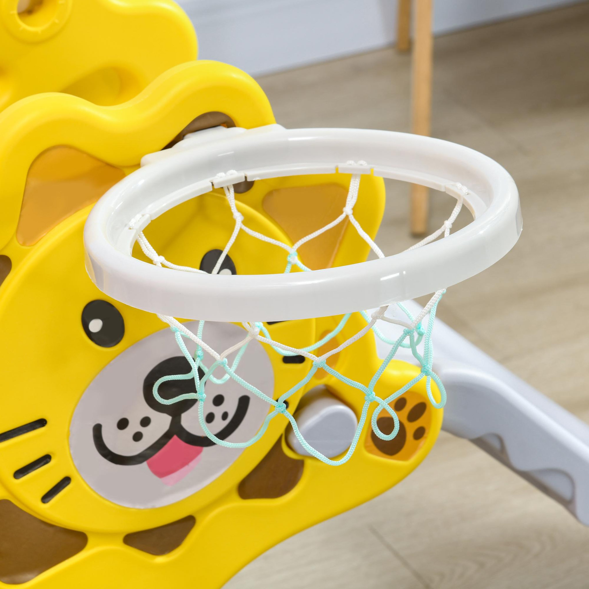 Voir la diapositive 4 : HOMCOM Toboggan enfant 18-36 mois - panier basket, ballon, pompe inclus - HDPE jaune gris