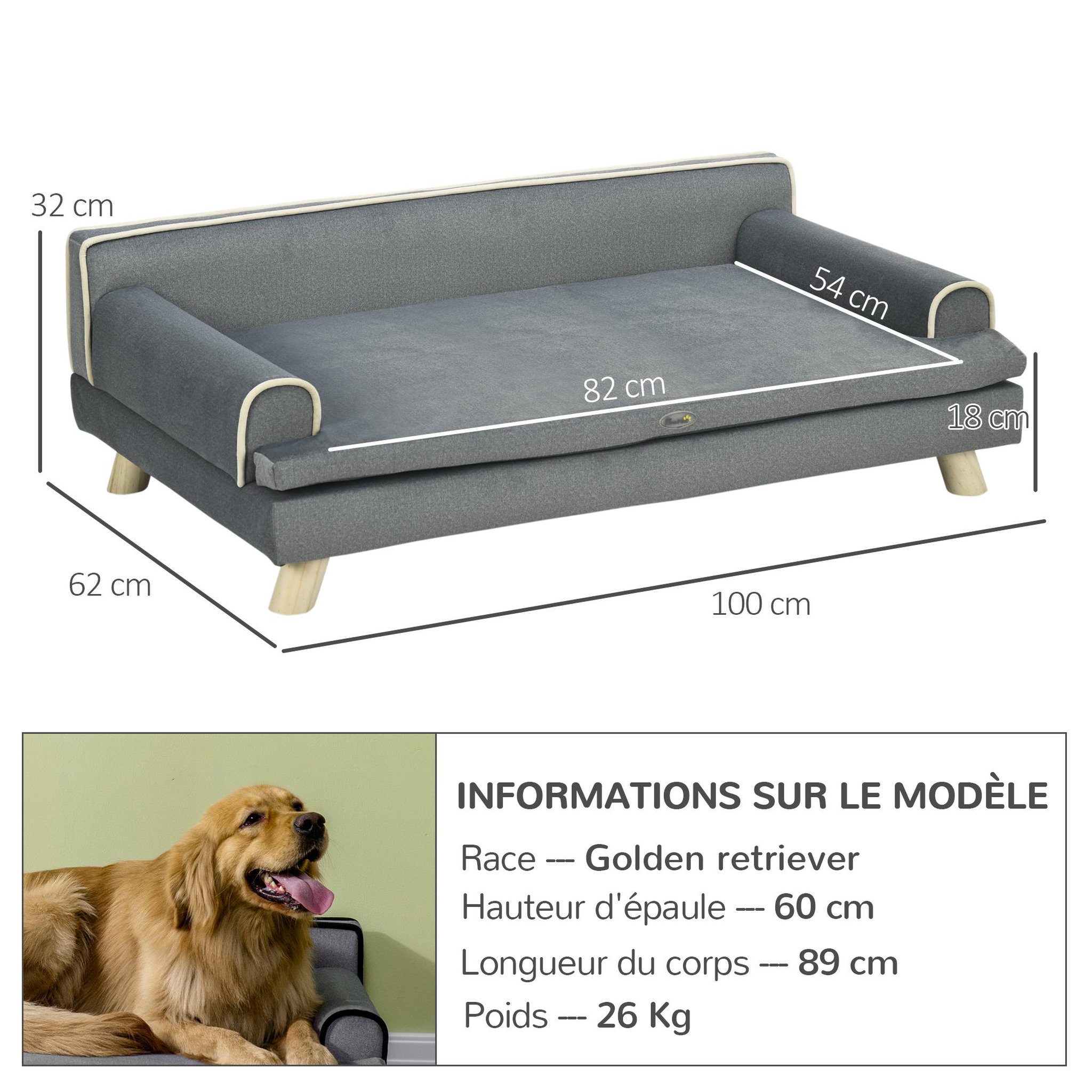 Voir la diapositive 3 : PAWHUT Canapé chien lit pour chien design scandinave coussin moelleux piètement bois dim. 100L x 62l x 32H cm polyester gris