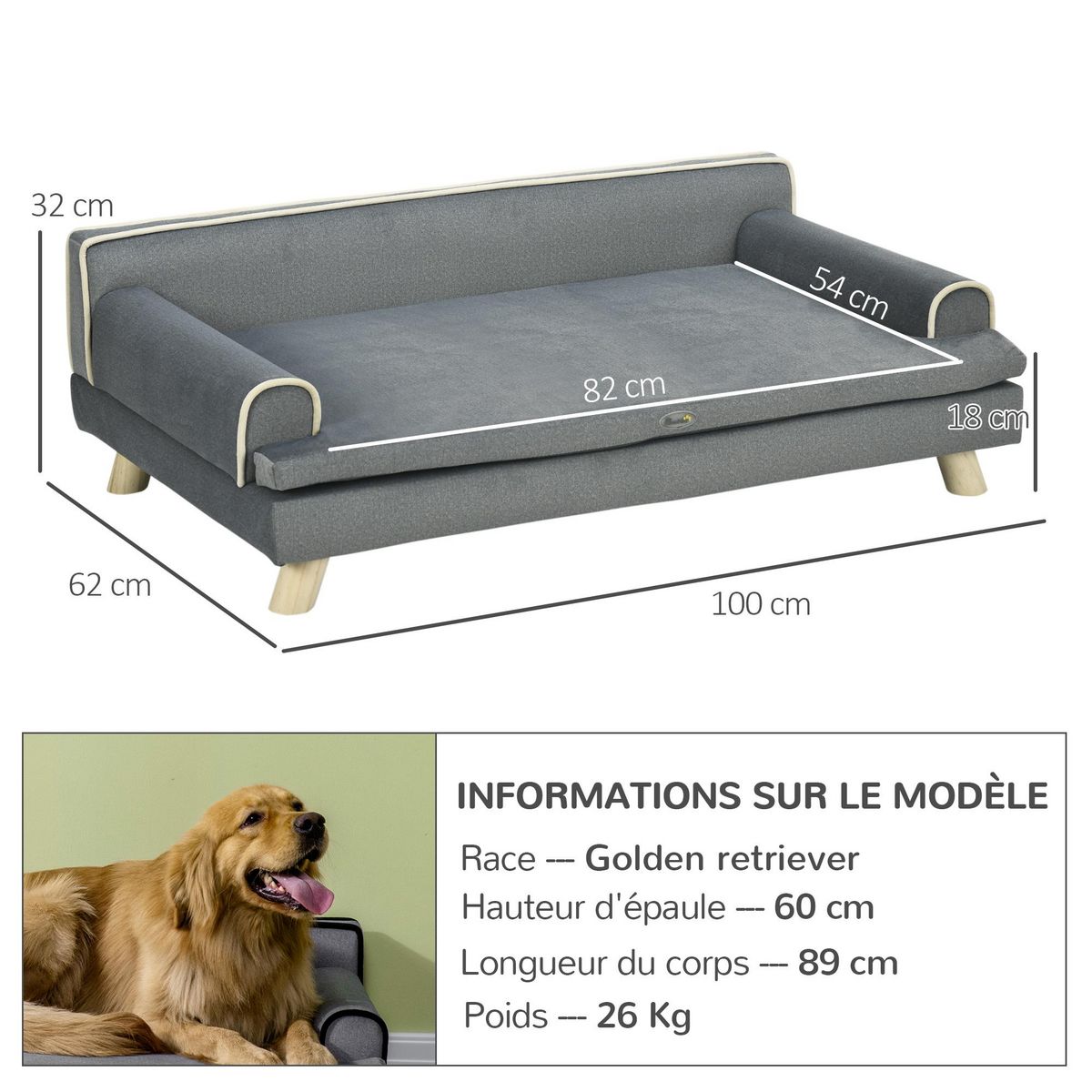 PAWHUT Canapé chien lit pour chien design scandinave coussin moelleux piètement bois dim. 100L x 62l x 32H cm polyester gris