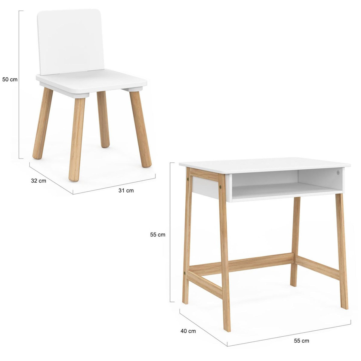 ID MARKET Ensemble bureau enfant ANATOLE avec niche et 1 chaise blanc et bois