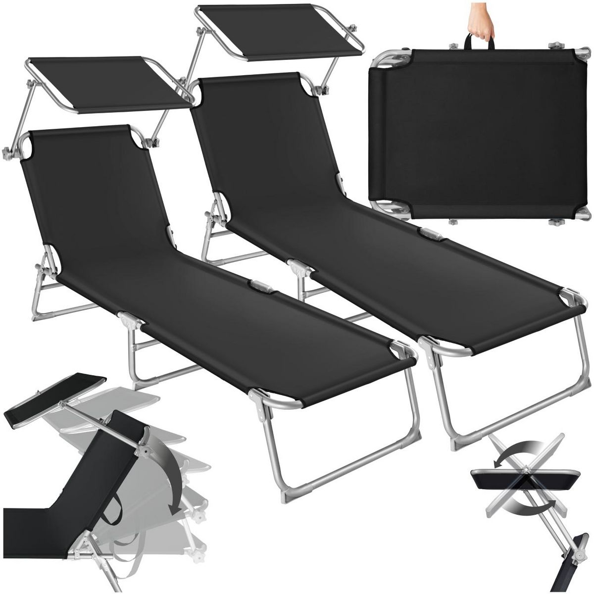 tectake Lot de 2 transats de jardin en acier pliables noir