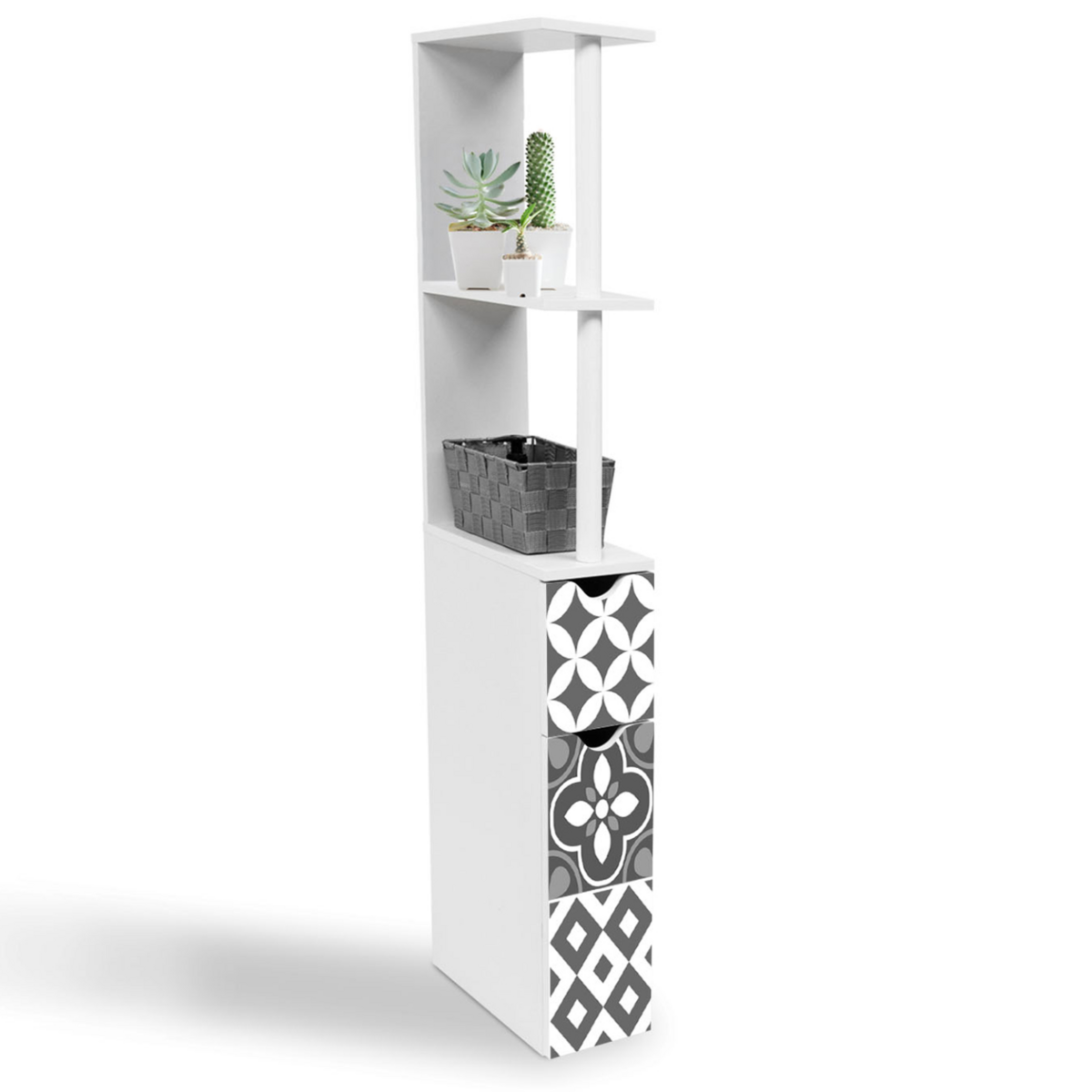 ID MARKET Meuble WC étagère bois WILLY 2 portes blanc et motif carreaux de ciment gris