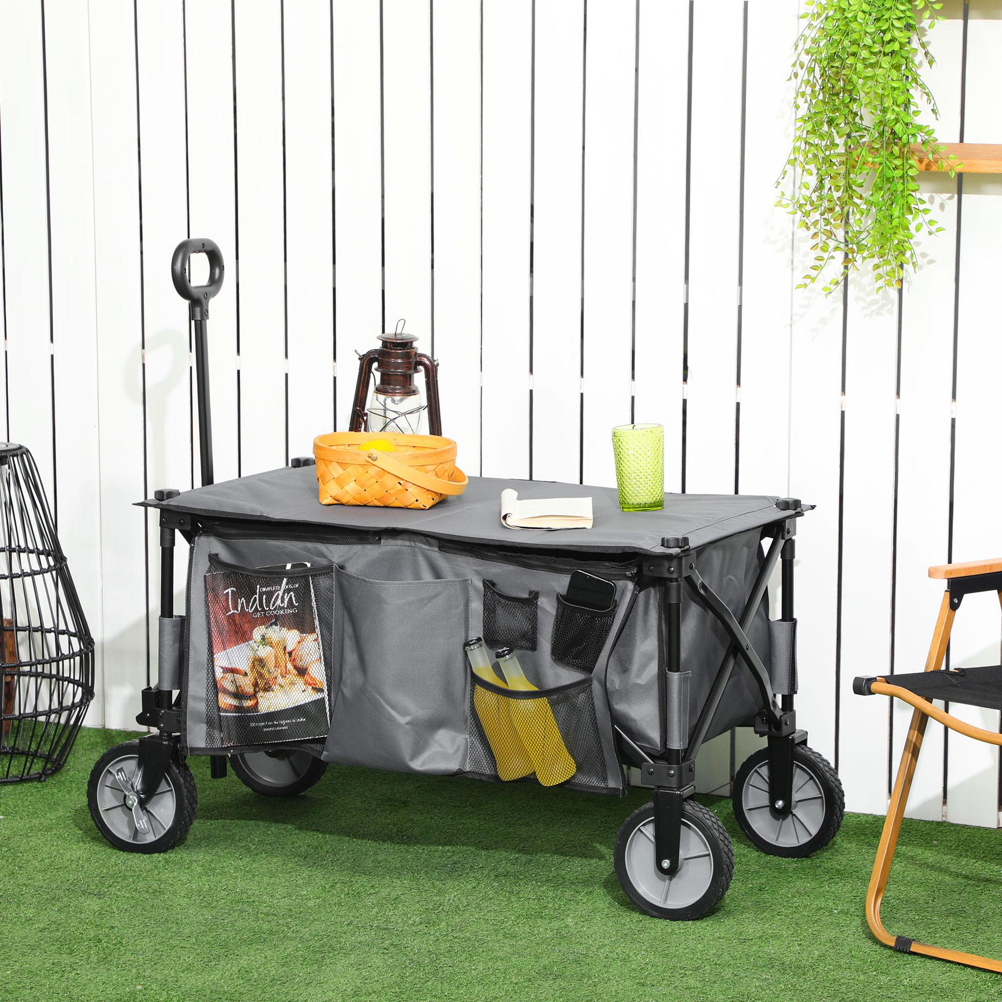 Voir la diapositive 2 : OUTSUNNY Chariot de jardin pliable 4 roues - bâche amovible, poignée télescopique réglable, 5 pochettes rangement - acier polyester gris