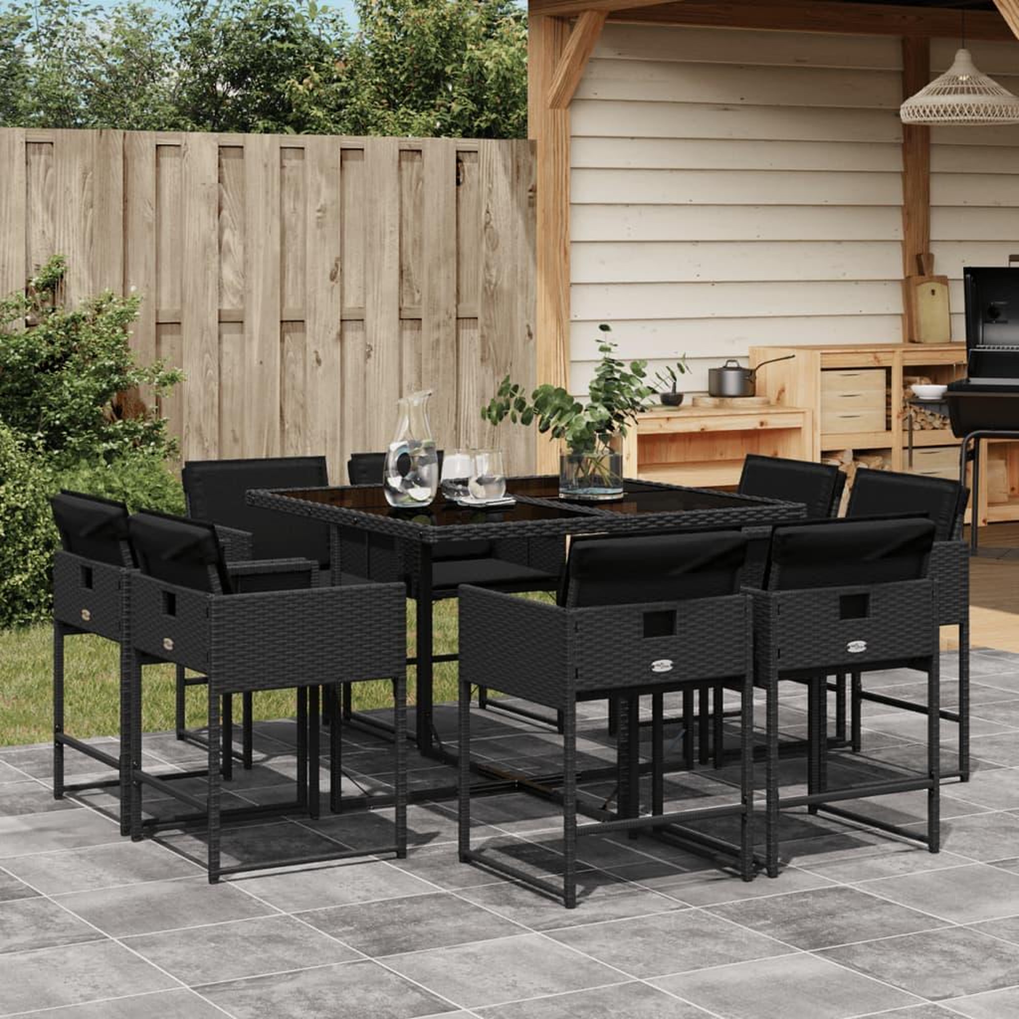 VIDAXL Ensemble a manger de jardin 9pcs coussins noir resine tressee