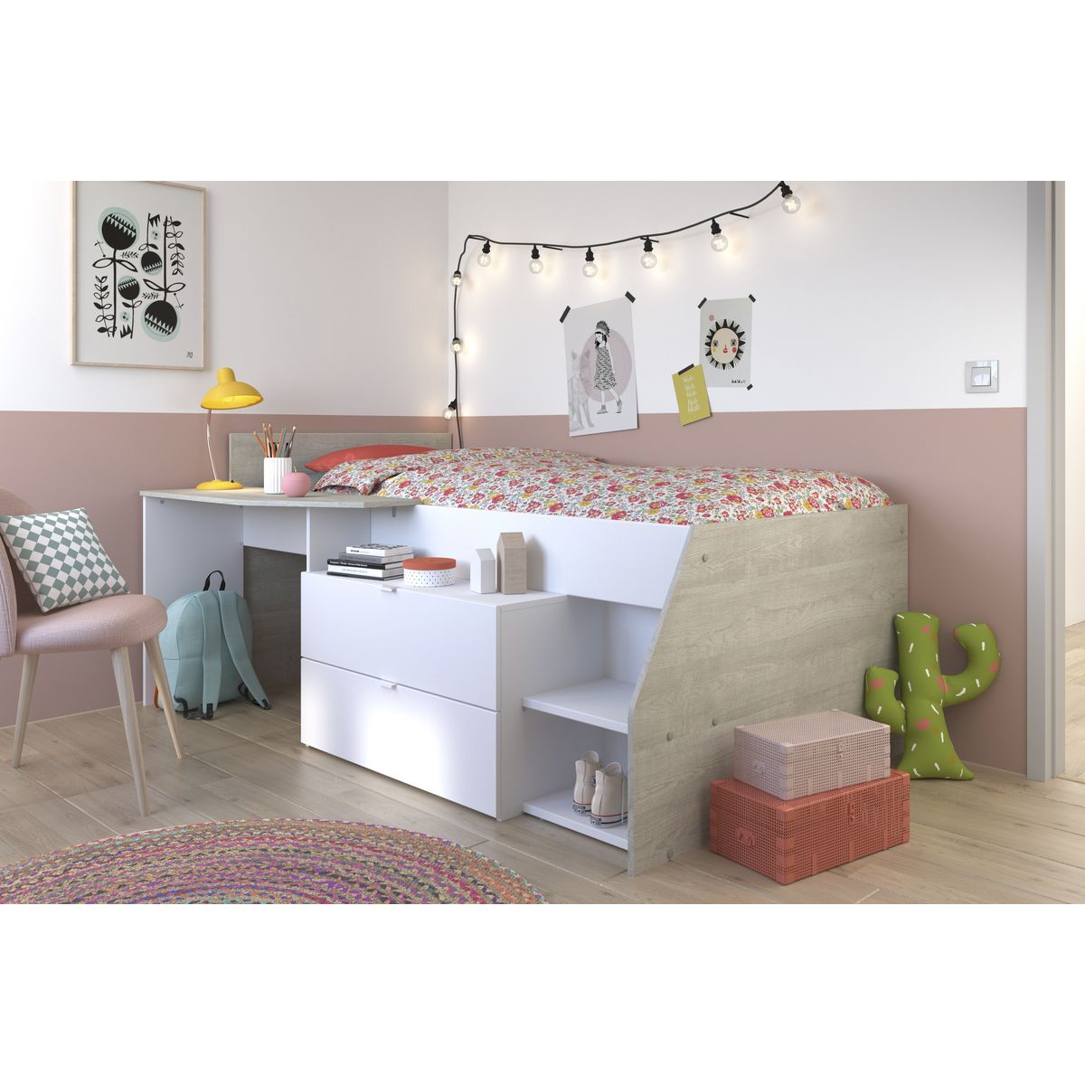 Lit enfant mi hauteur avec rangement 90x190/200cm MIKA