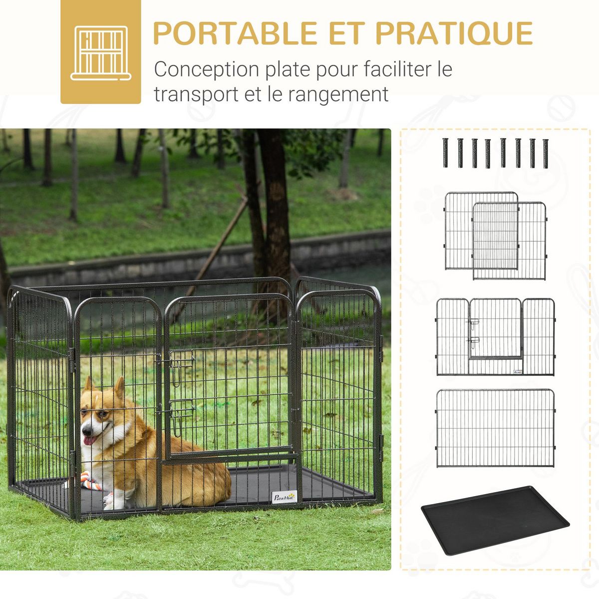 PAWHUT Cage chien démontable - enclos chien intérieur/extérieur - porte verrouillable, plateau - acier ABS gris noir