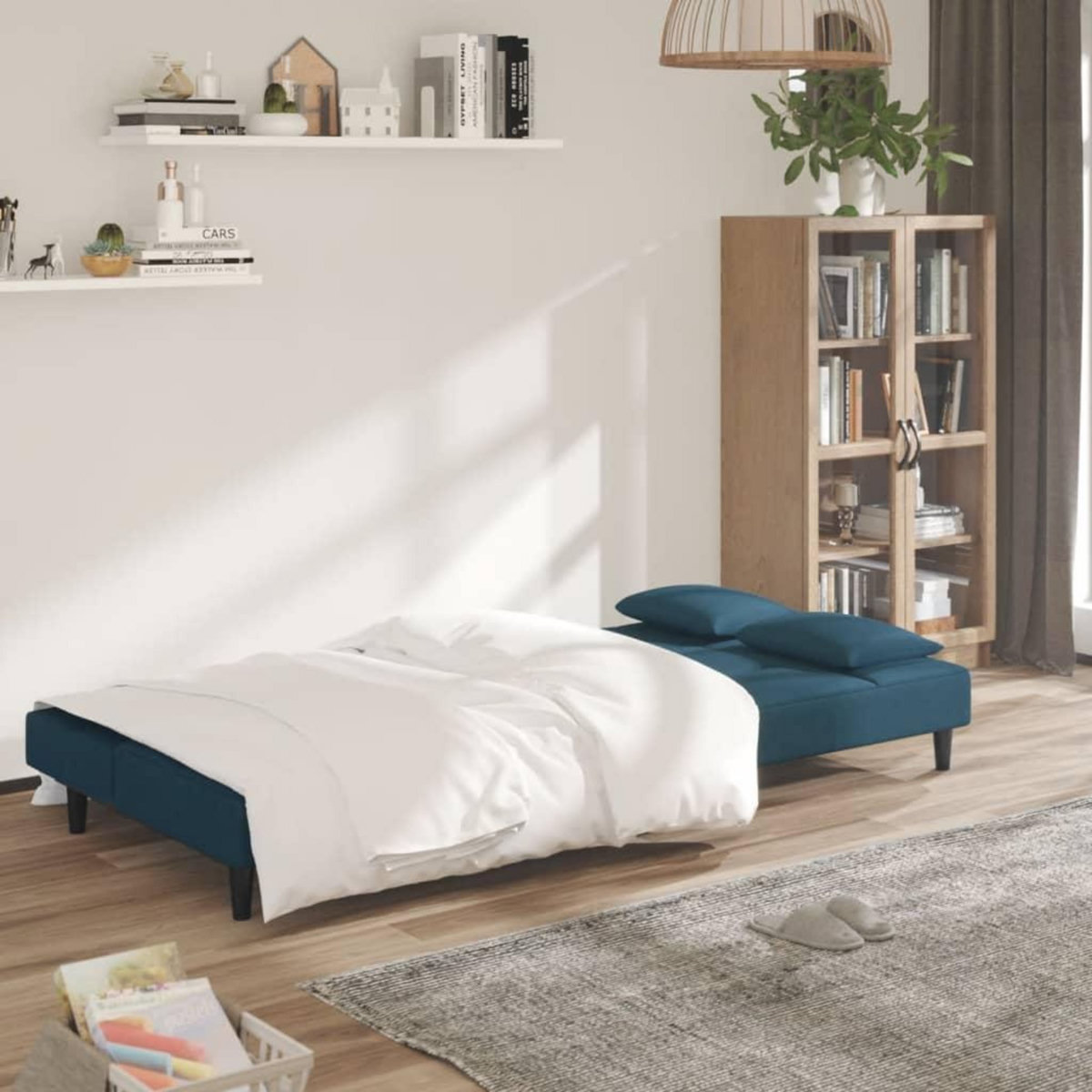 VIDAXL Canape-lit a 2 places avec deux oreillers bleu velours