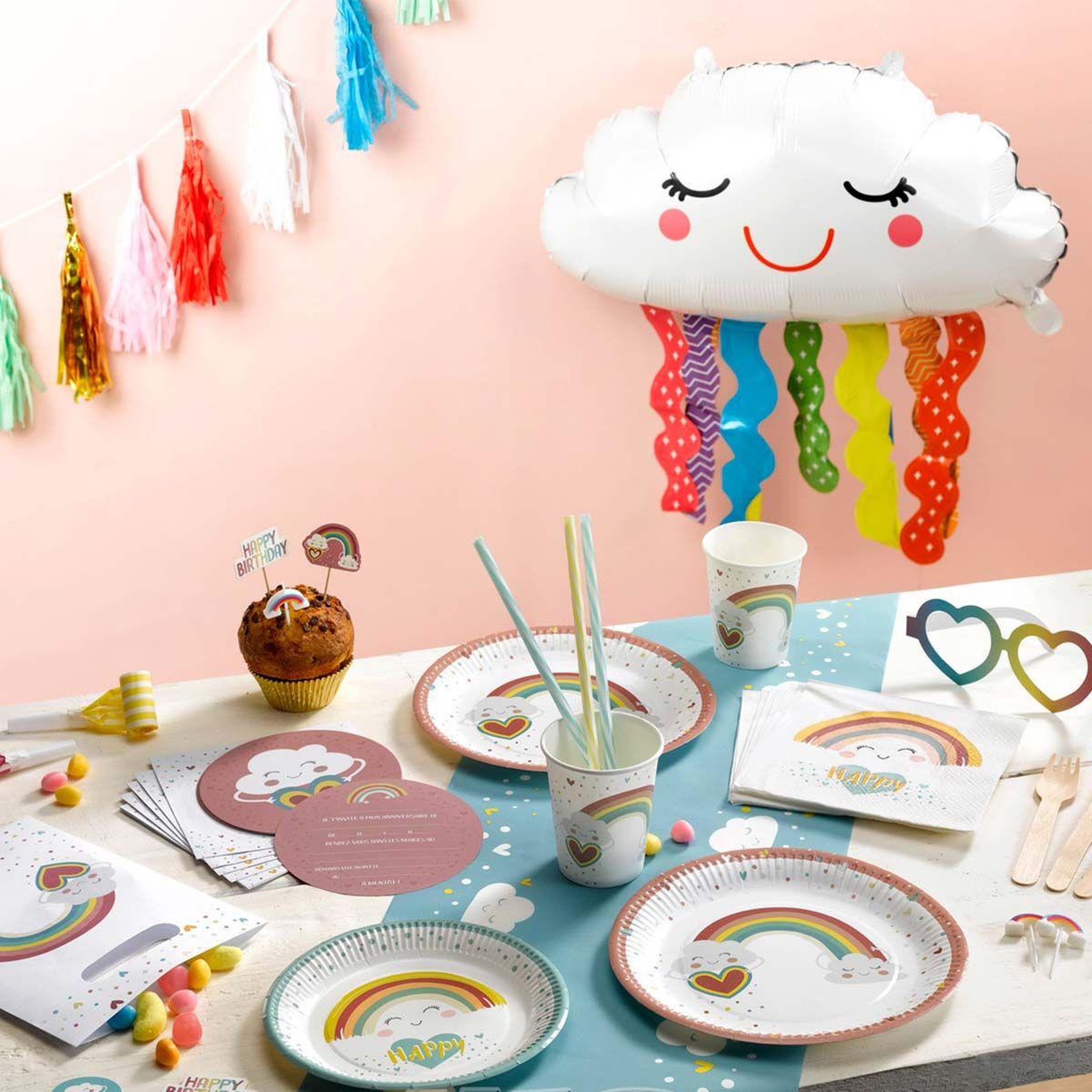 Voir la diapositive 2 : HOMEA Lot de 6 Invitations d'Anniversaire  Nuage Rainbow  Rose