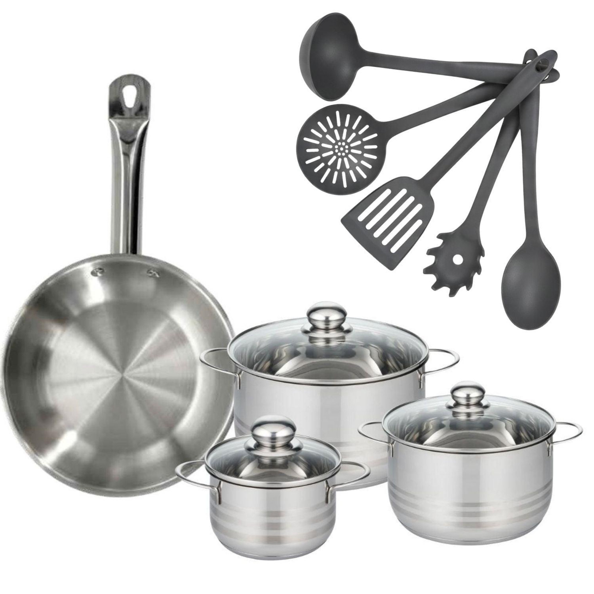 Fackelmann Batterie de cuisine avec 3 faitouts 16/20/24 cm et 1 poêle 28 cm avec 5 ustensiles de cuisine sans pfas fackelmann etherna brillant clip