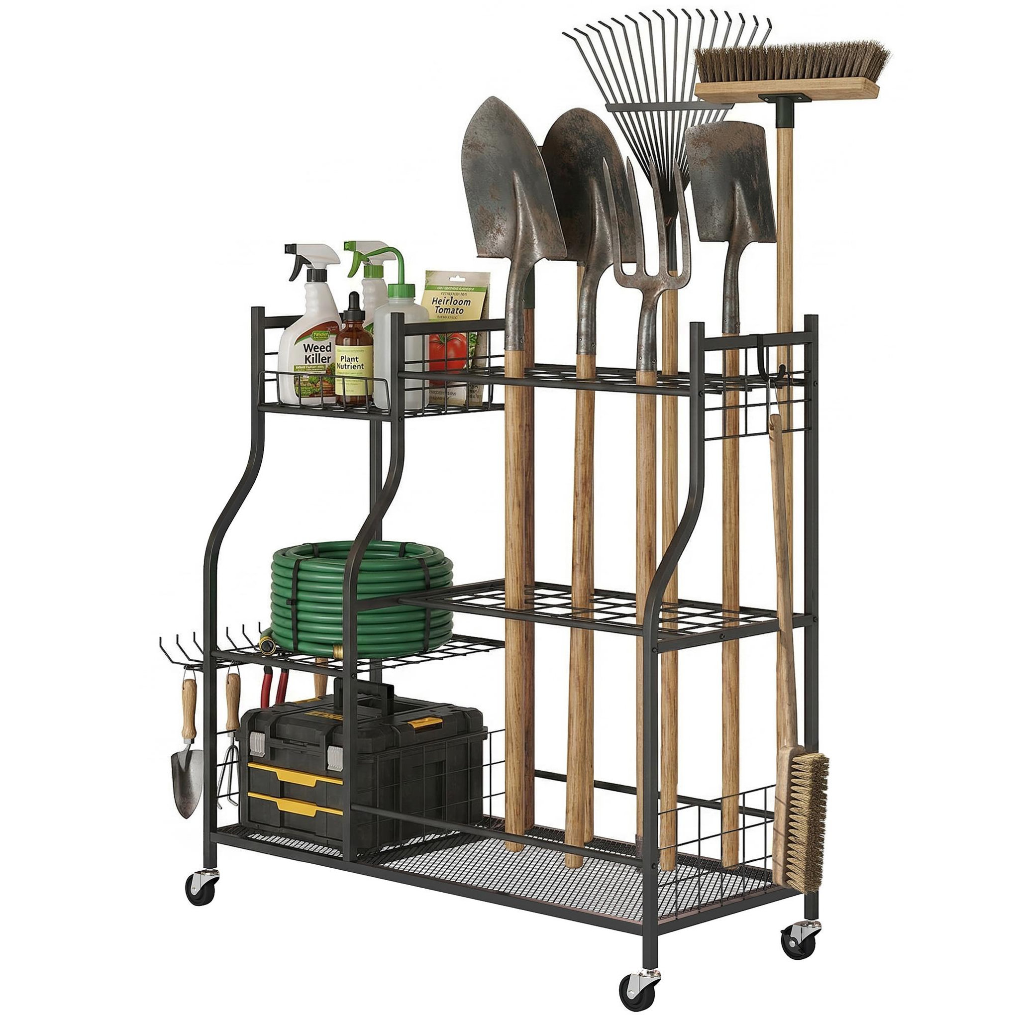 Voir la diapositive 5 : OUTSUNNY Organisateur d'outils de jardin - chariot de jardin - 11 crochets, 32 compartiments, 3 étagères - acier noir
