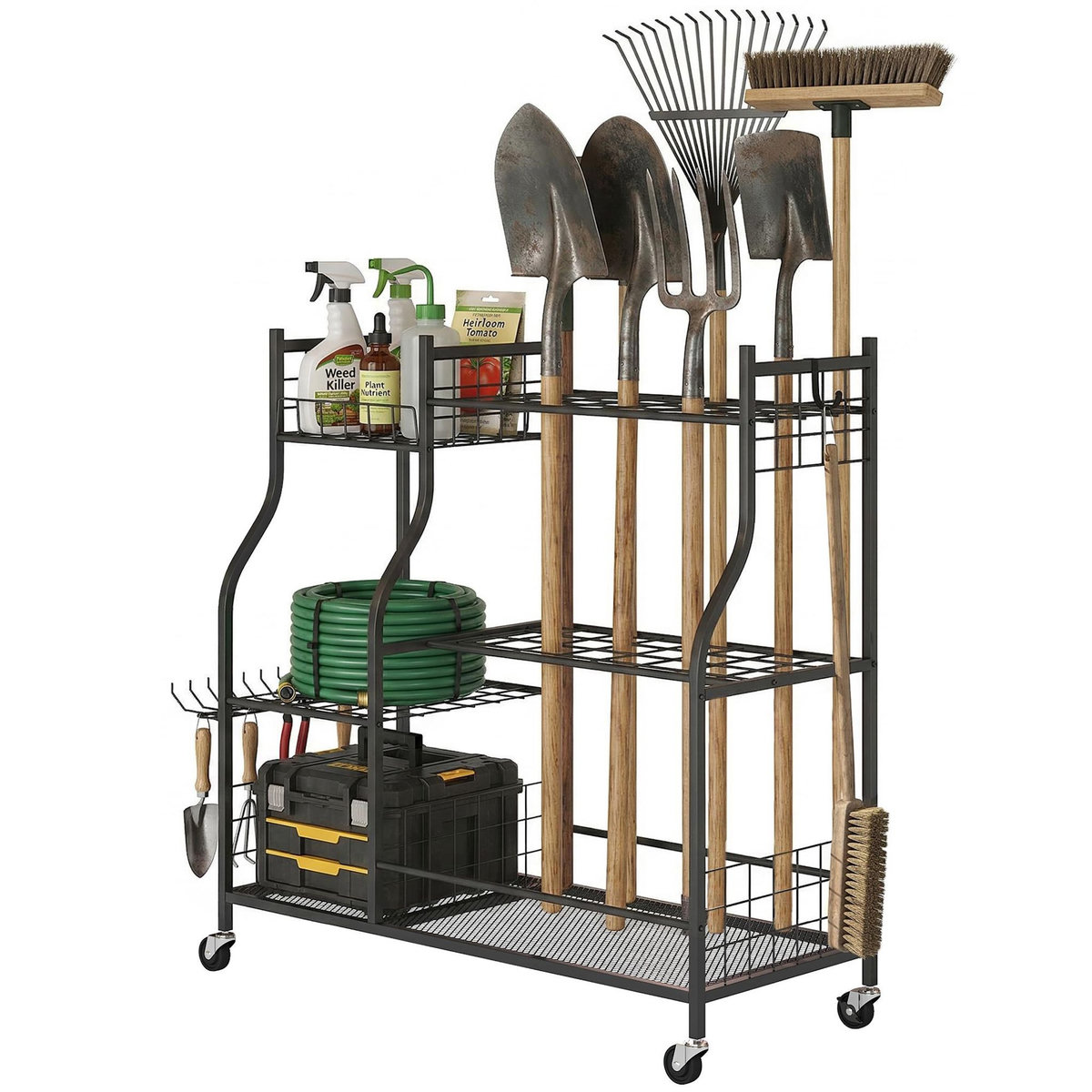 OUTSUNNY Organisateur d'outils de jardin - chariot de jardin - 11 crochets, 32 compartiments, 3 étagères - acier noir