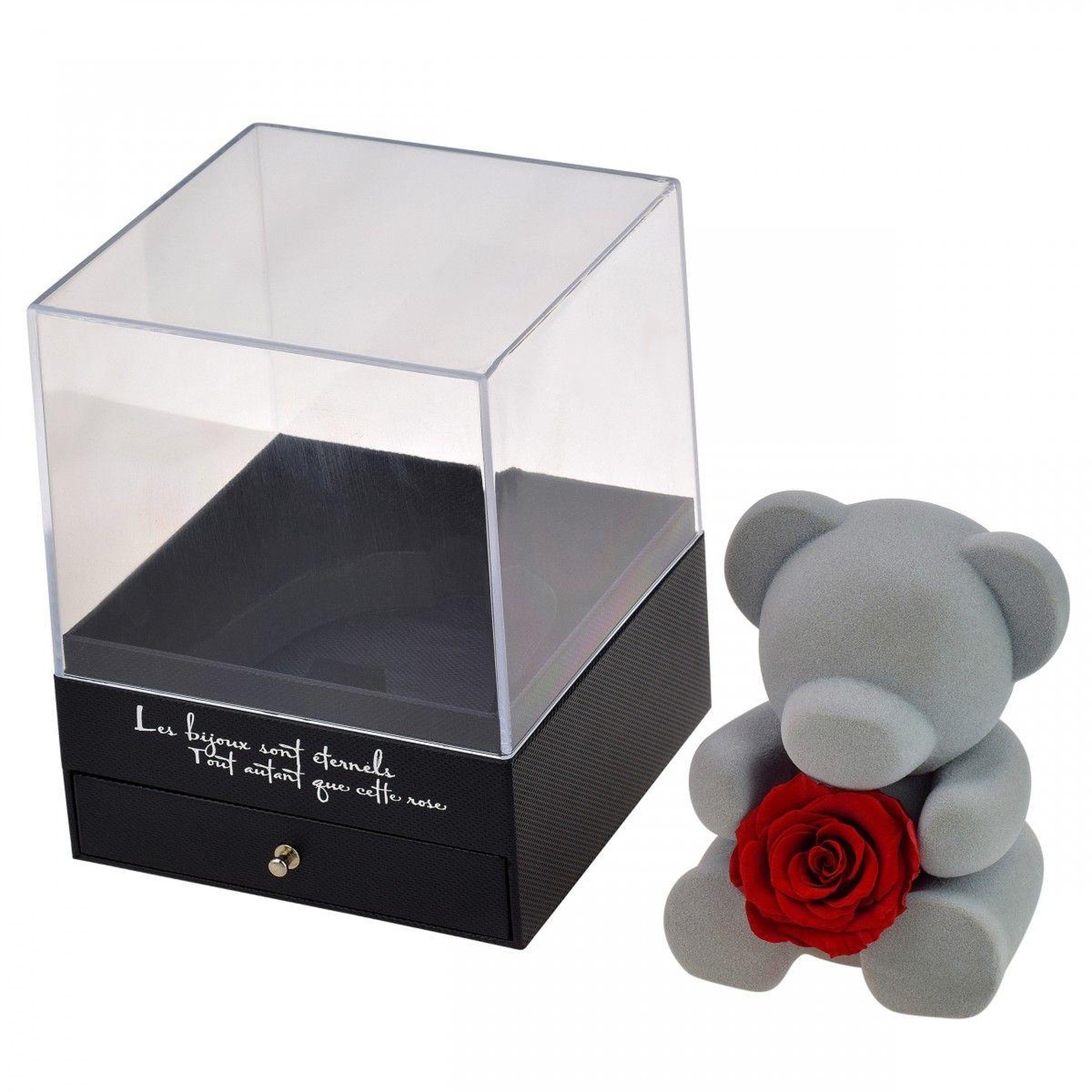 Voir la diapositive 2 : SC CRYSTAL Boite à bijoux ourson décorée d'une rose éternelle - stabilisée rouge