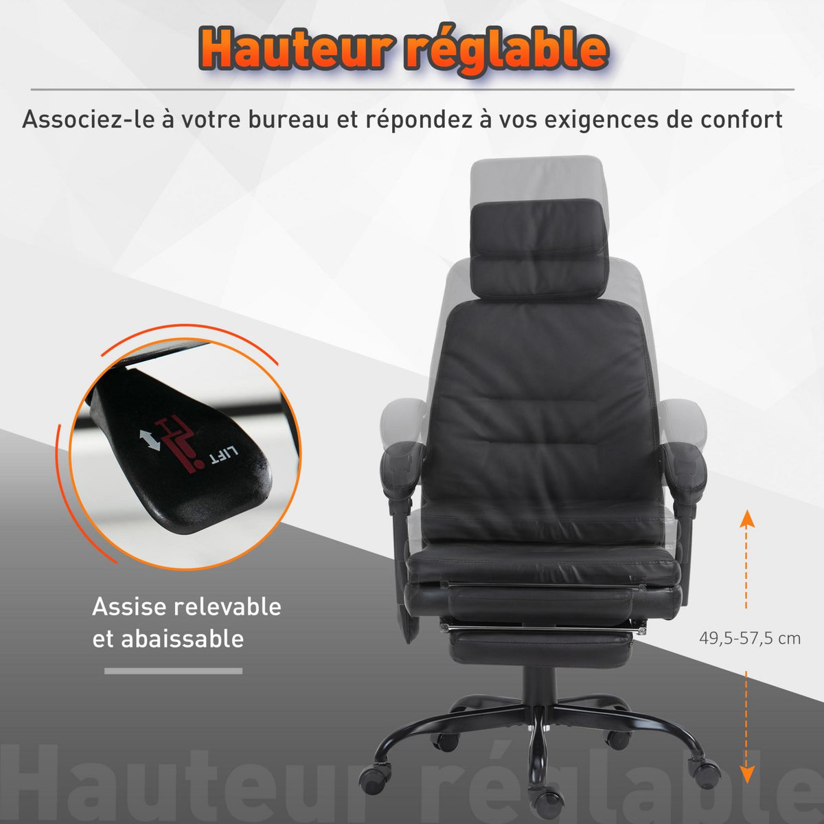 VINSETTO Fauteuil de bureau massant avec repose-pieds amovible - 65,5L x 50l x 120,5-128,5H cm - noir