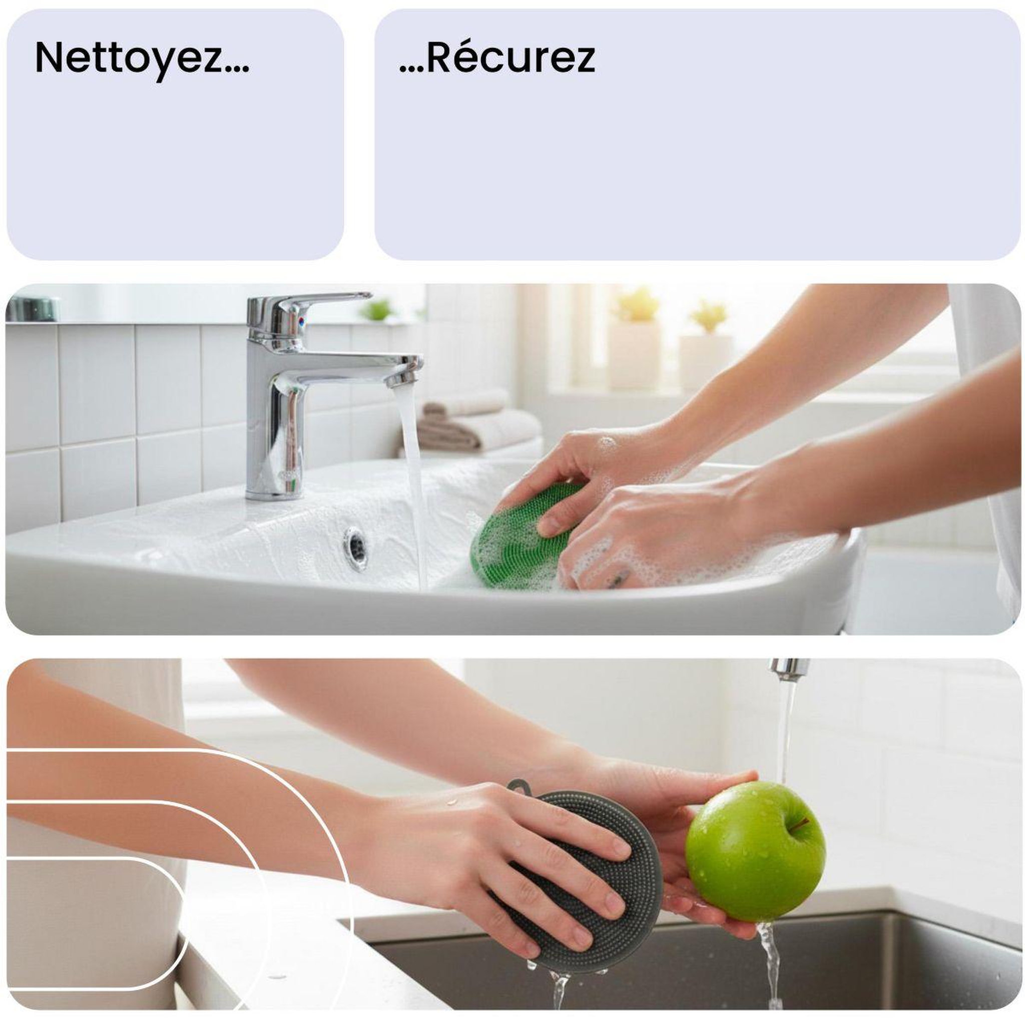 Voir la diapositive 4 : ESSENTIEL B Eponge en silicone x5 - hygiénique et réutilisable, nettoyage multi-usages, surfaces et anti-rayures