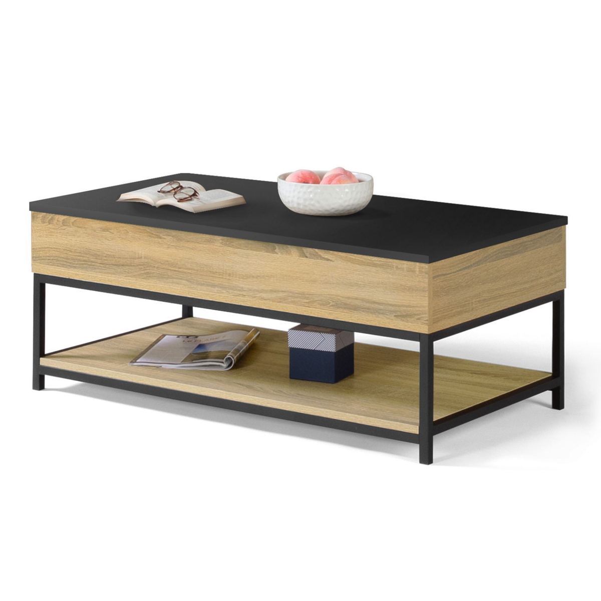 ID MARKET Table basse plateau relevable intégral rectangulaire BOSTON et étagère inférieure design industriel